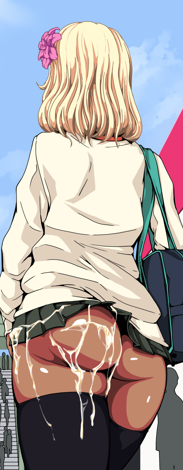 ass, casual bukkake, cum, cum on ass, female, highres, hori hiraki, oblivious, public, public humiliation
