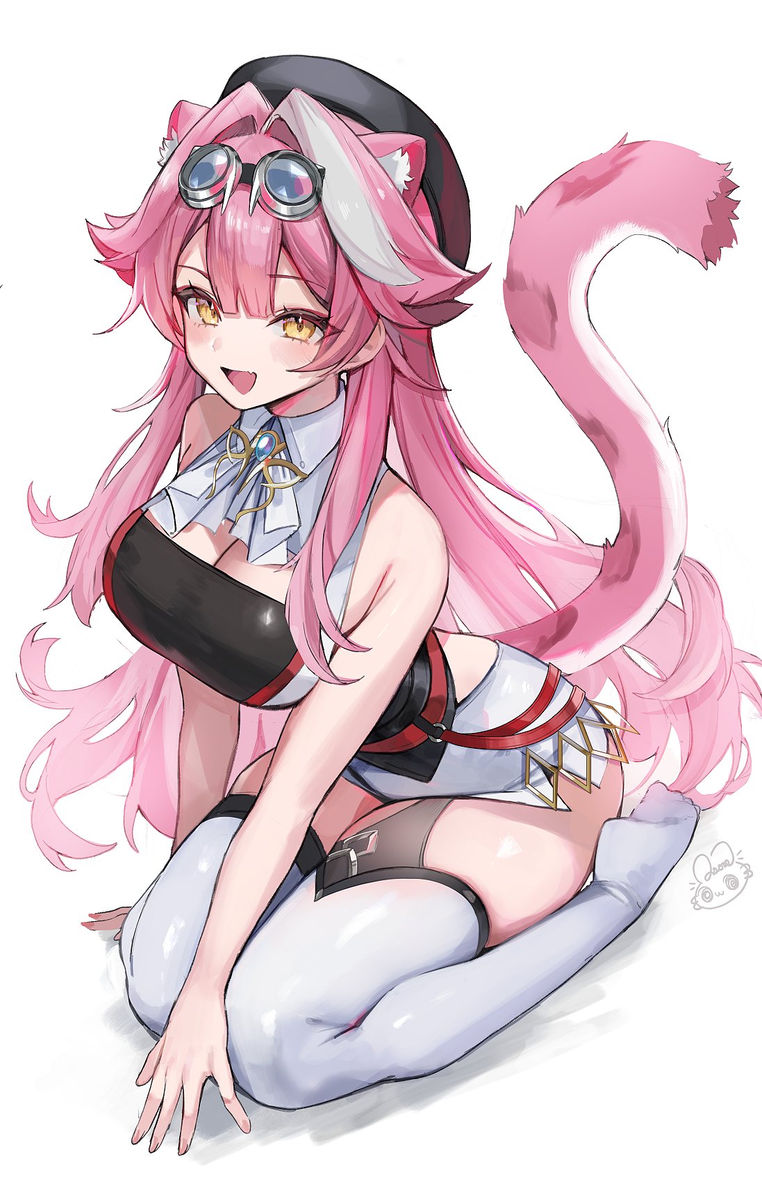 animal_ear_fluff animal_ears ascot bare_arms beret blush breasts cleavage commentary extra_ears female goggles goggles_on_head hair_between_eyes hair_intakes hat highres hololive hololive_english hololive_english_-justice- large_breasts long_hair looking_at_viewer multicolored_hair oerba_yun_fang open_mouth panther_ears panther_girl panther_tail pink_hair raora_panthera raora_panthera_(1st_costume) raora_panthera_(artist) red_hat seiza signature simple_background sitting skin_fang skindentation soles solo streaked_hair thick_thighs thighhighs thighs virtual_youtuber white_ascot white_background white_hair white_thighhighs white_unitard yellow_eyes