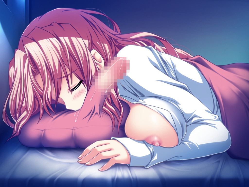 bed blush breasts brown_hair censored closed_eyes dreaming drooling game_cg henshin_3 licking nipples open_clothes open_shirt penis remote_transfer saliva shirt sleeping tongue