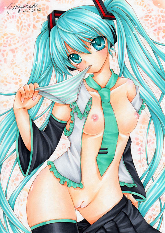 1girls aqua_eyes aqua_hair breasts detached_sleeves female female_only hatsune_miku head_tilt long_hair marker_(medium) mocomoco_party mouth_hold necktie nipples no_bra no_panties open_clothes open_shirt panties panties_in_mouth pastel_(medium) pussy shirt skirt solo striped striped_panties thighhighs tied_hair traditional_media twintails uncensored underwear very_long_hair vocaloid