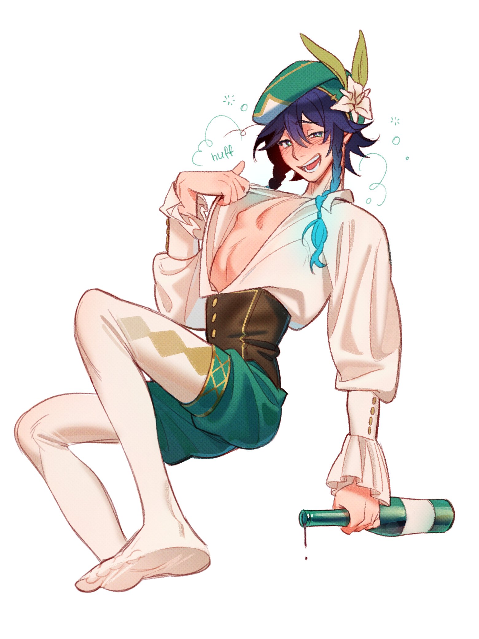 bottle, drunk, feet, genshin impact, horny, male, solo, solo male, suggestive, tights, venti (genshin impact)