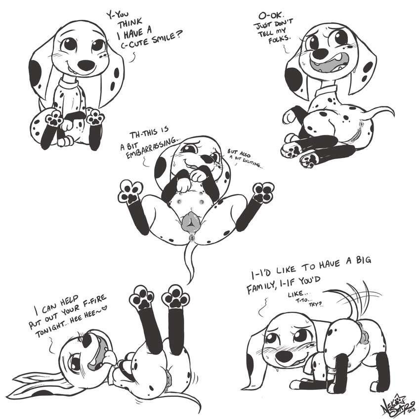 1:1, 101 dalmatian street, 101 dalmatians, 1girls, 2018, 3 toes, all fours, animal anus, animal genitalia, animal pussy, anus, artist signature, ass, ass up, asshole, bedroom eyes, belly nipples, big ass, black and white, black body, black eyes, black fur, black nose, black pawpads, black spots, blush, blush lines, blushing, blushing at viewer, buckteeth, butt up, canid, canine, canine anus, canine genitalia, canine penis, canine pussy, canis, collar, commission, commission art, cub, cute, dalmatian, dialogue, digital media (artwork), dirty talk, disney, dog, dog collar, dog girl, dolly (101 dalmatians), domestic canine, domestic dog, ellipsis, embarrassed, english, english dialogue, english text, eyebrows, eyelashes, fangs, feet, female, female canine, female cub, female dog, female feral, female focus, female only, female solo, feral, feral female, feral focus, feral only, feral solo, genitalia, half-closed eyes, head down, heart symbol, hi res, high resolution, highres, hind legs, hindlegs, hindpaw, impregnation request, inviting, legs spread, legs up, looking at viewer, lying, lying on back, mammal, monochrome, motion lines, multi nipple, multiple images, multiple poses, narrowed eyes, nekostar, nipples, on back, open mouth, pawpads, paws, pose, presenting, presenting hindquarters, presenting pussy, presenting vulva, puppy, pussy, quadruped, question mark, rear view, seductive, short tail, shy, simple background, sitting, smile, smiling, smiling at viewer, solo, solo female, solo feral, solo focus, spots, spotted body, spotted fur, stomach nipples, sweat, sweating, tail, tail anus, tail motion, tail wag, tail wagging, tailhole, tailwag, talking, talking feral, talking to viewer, teeth, text, thick, thick ass, thick thighs, toes, tongue, tongue out, url, vagina, vulva, wagging tail, white background, white body, white fur, young, young female, young feral
