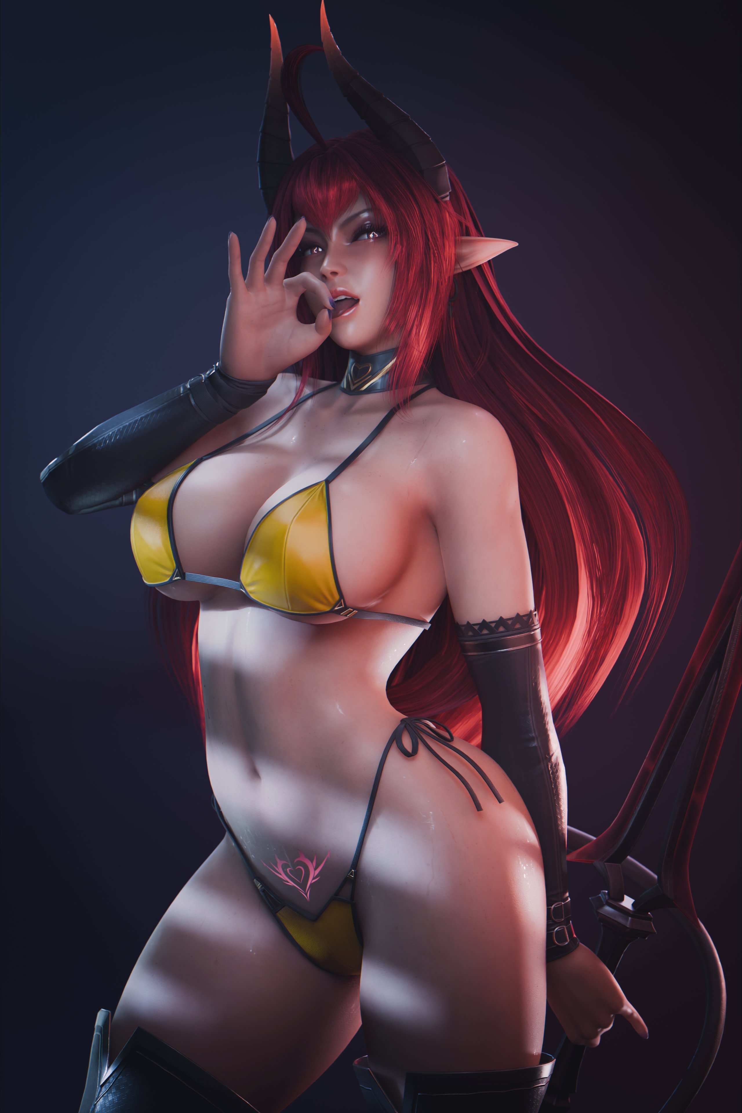 1girls, 3d, abs, armwear, bikini, bikini bottom, bikini top, breasts, choker, demon, female, female focus, female only, gesture, gesturing at viewer, hi res, high resolution, highres, horns, large breasts, long hair, original, original character, pointy ears, pubic tattoo, red hair, ryanreos, simple background, sinia, solo, solo female, solo focus, succubus, succubus horns, succubus tail, succubus tattoo, tail, thighhighs, weapon