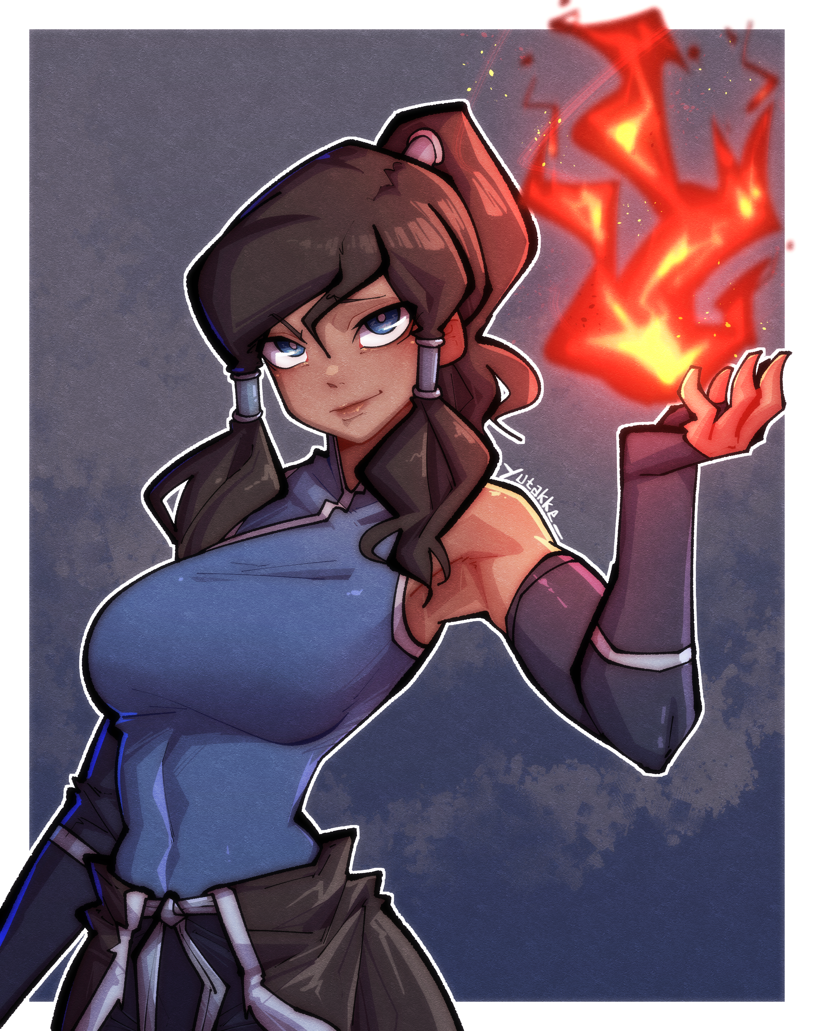1girls, abs, absurd res, absurdres, arm sleeves, armpit, artist name, artist signature, avatar legends, big breasts, blue eyes, breasts, brown hair, busty, confident, cute, dark skin, dark-skinned female, female, female only, fire, firebending, fully clothed, hair tubes, high ponytail, korra, looking at viewer, pants, seductive, seductive smile, skirt, smile, solo, solo female, solo focus, standing, tank top, the avatar, the legend of korra, thin waist, tomboy, toned, toned female, tri tails, upper body, water tribe, white border, yutakke