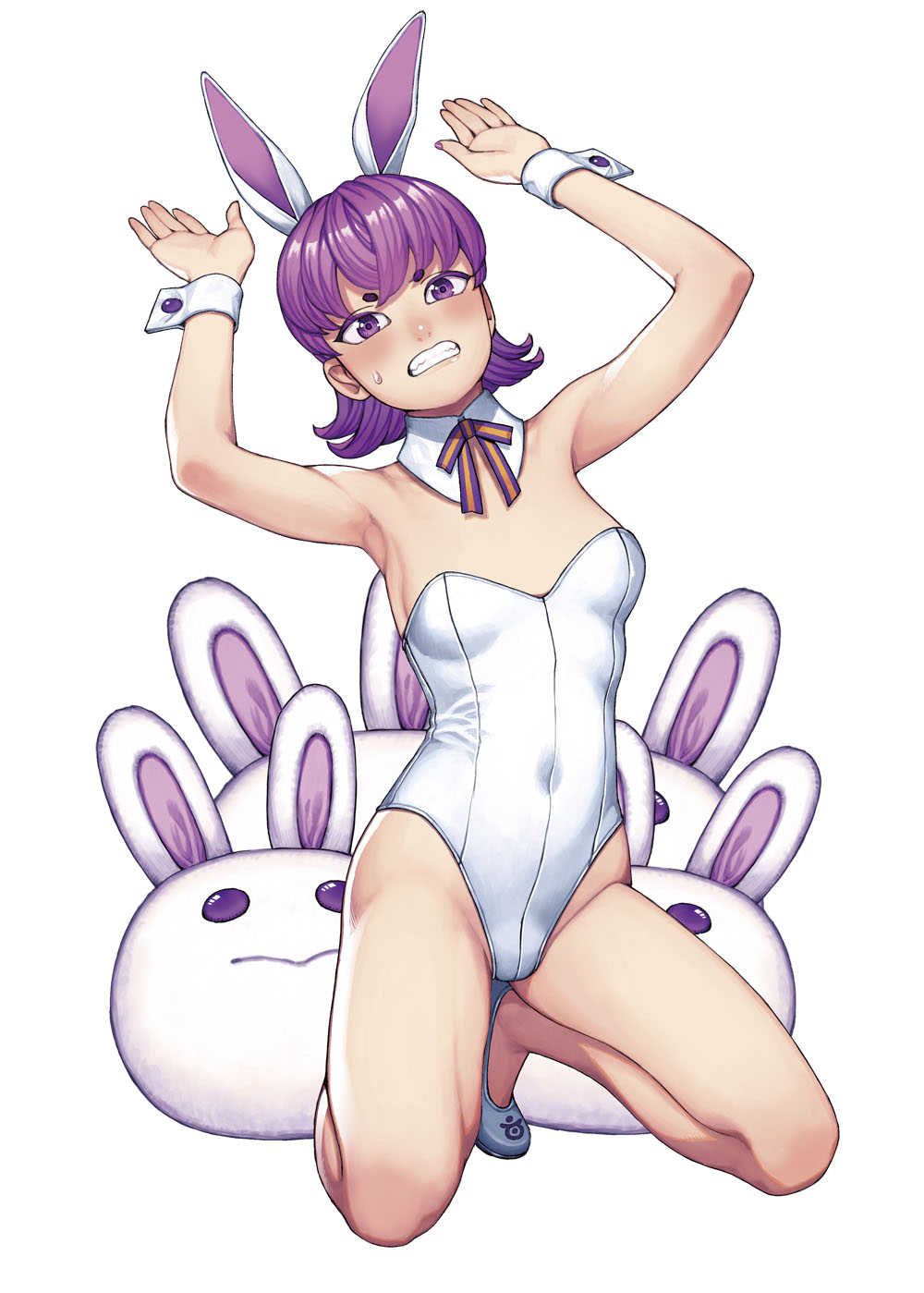 arms_up blush blushing_at_viewer bunnies bunny bunny_costume bunny_ears bunny_girl bunnysuit cuff_links cuffs gritted_teeth hamada_yoshikazu leotard medium_hair on_knees petite petite_body petite_female pink_hair plushie tagme white_leotard