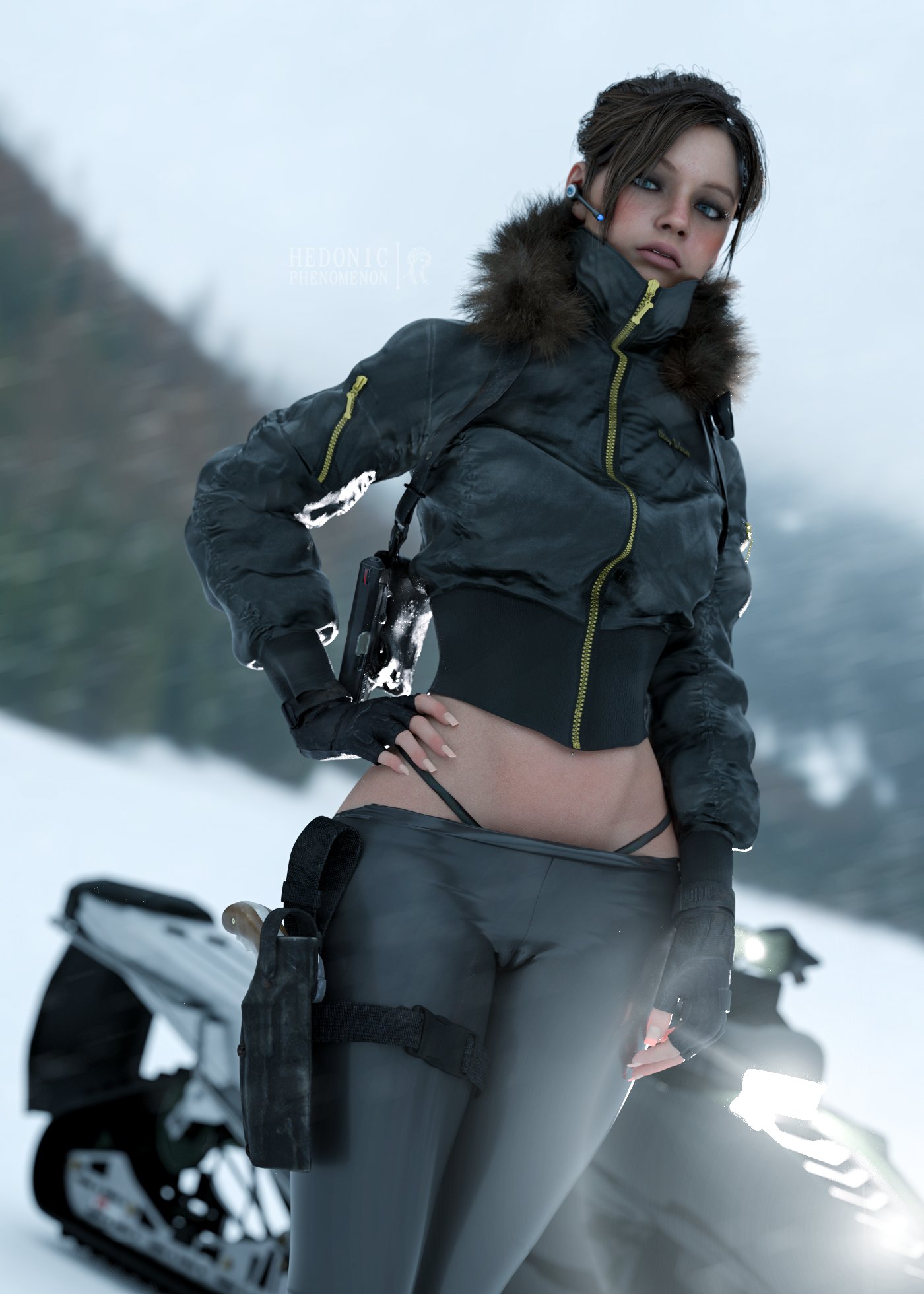 3d, bare midriff, blue eyes, breasts, brown hair, busty, cameltoe, claire redfield, claire redfield (jordan mcewen), coat, female, female focus, female only, fur trim, g-string, hedonicphenomenon, hourglass figure, long fingernails, long hair, makeup, navel, navel piercing, piercing, ponytail, pussy, realistic, resident evil, resident evil 2, resident evil 2 remake, skin tight, tagme, wide hips