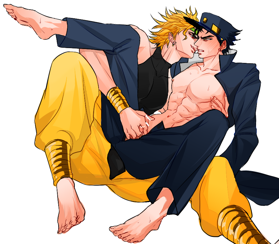 2boys age_difference barefoot black_hair blonde_hair clothing dio_brando gay gunbam handjob jojo's_bizarre_adventure jotaro_kujo male male/male male_nipples male_only masturbation muscular_male nipple_pinch stardust_crusaders yaoi