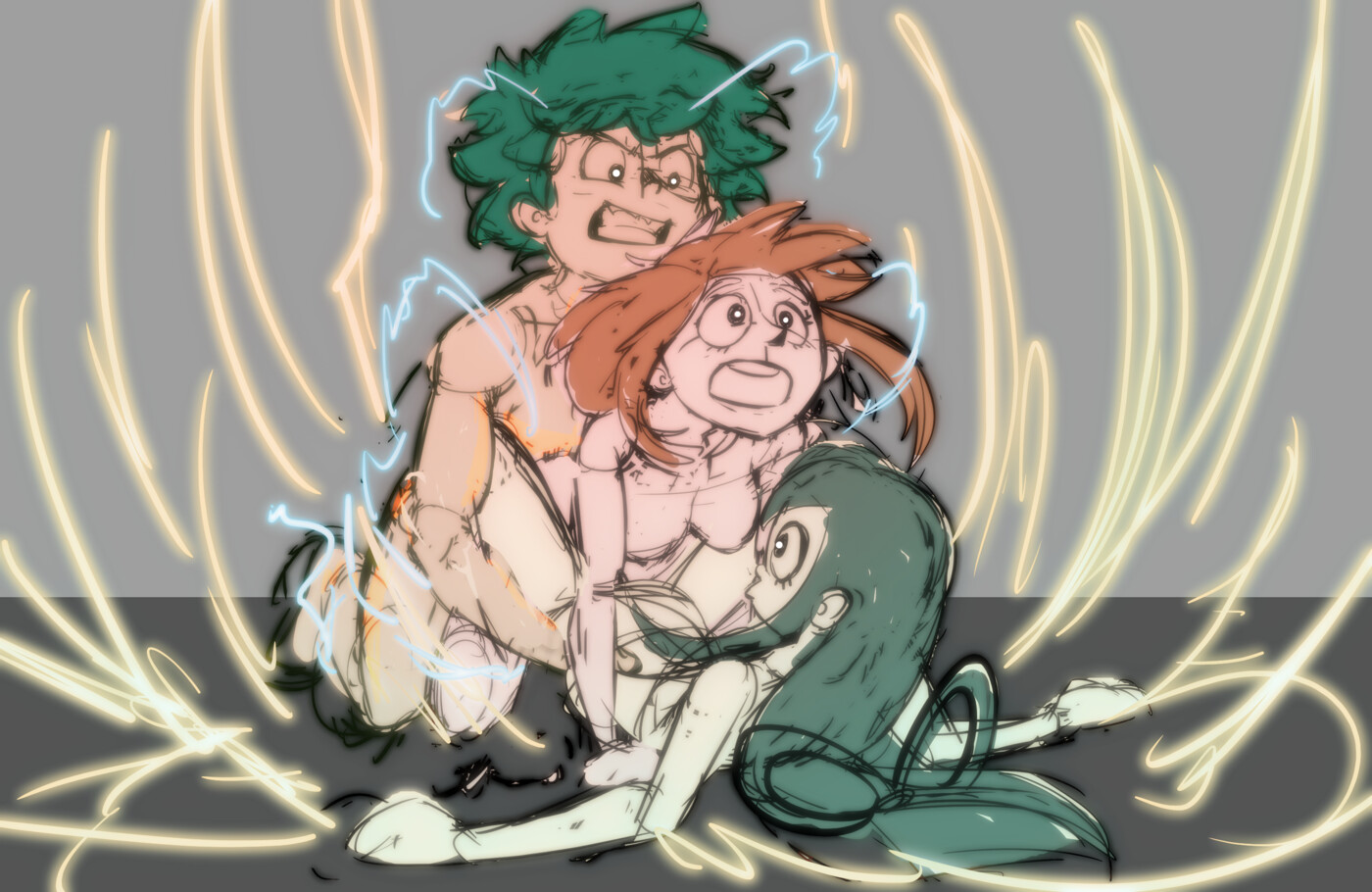 1boy, 2girls, big breasts, breasts, brown hair, brown-haired female, doggy style, female, female penetrated, green hair, green-haired female, green-haired male, izuku midoriya, light skin, long hair, male, male penetrating, male penetrating female, male/female/female, my hero academia, ochako uraraka, one for all (mha), penile penetration, penis, penis in pussy, penis in vagina, proterios, pussy, pussy on pussy, quirk (mha), sex, sex from behind, short hair, sketch, threesome, tied hair, trio, tsuyu asui, vaginal penetration, vaginal sex