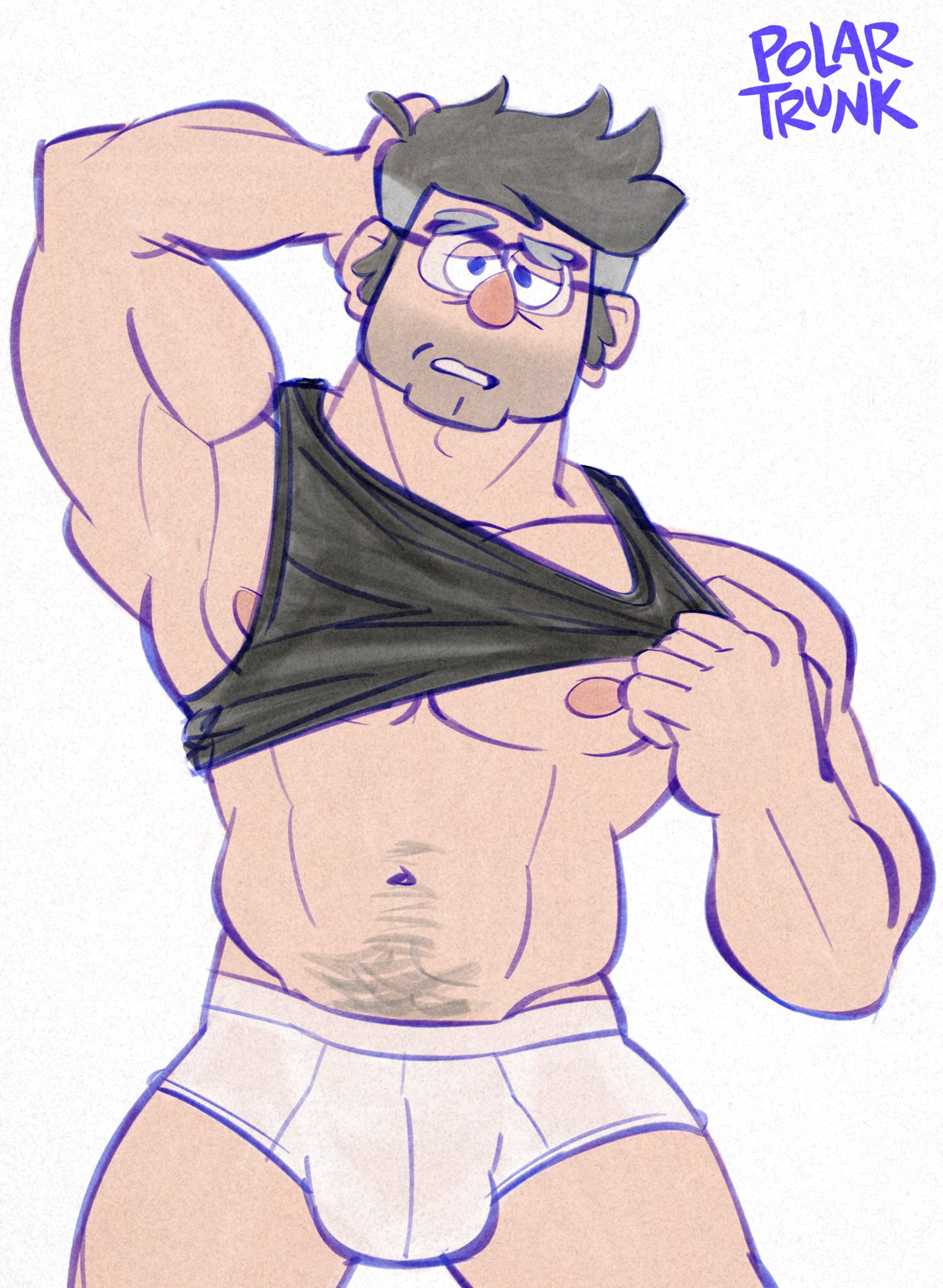 bulge, disney, glasses, gravity falls, hand behind head, male, male only, navel, nipples, polartrunk, solo, solo male, stanford pines, tank top, tank top lift, underwear
