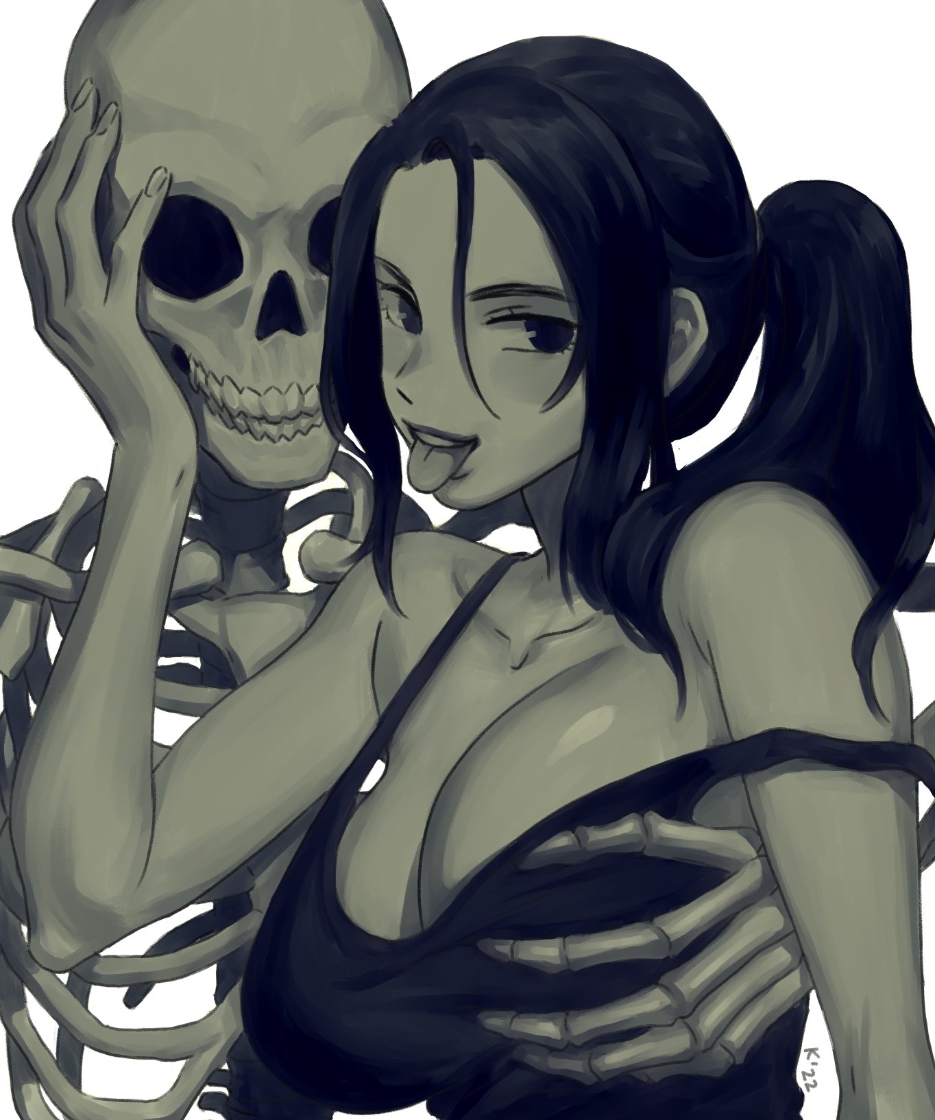 1boy 1girls 1other 2020s 2022 20s bare_arms bare_shoulders black_hair bones breast_grab cleavage facing_viewer head_grab hetero high_ponytail kinuko_(kinucakes) long_hair looking_at_viewer mariel_cartwright monochrome simple_background skeleton skull smile tongue_out upper_body white_background