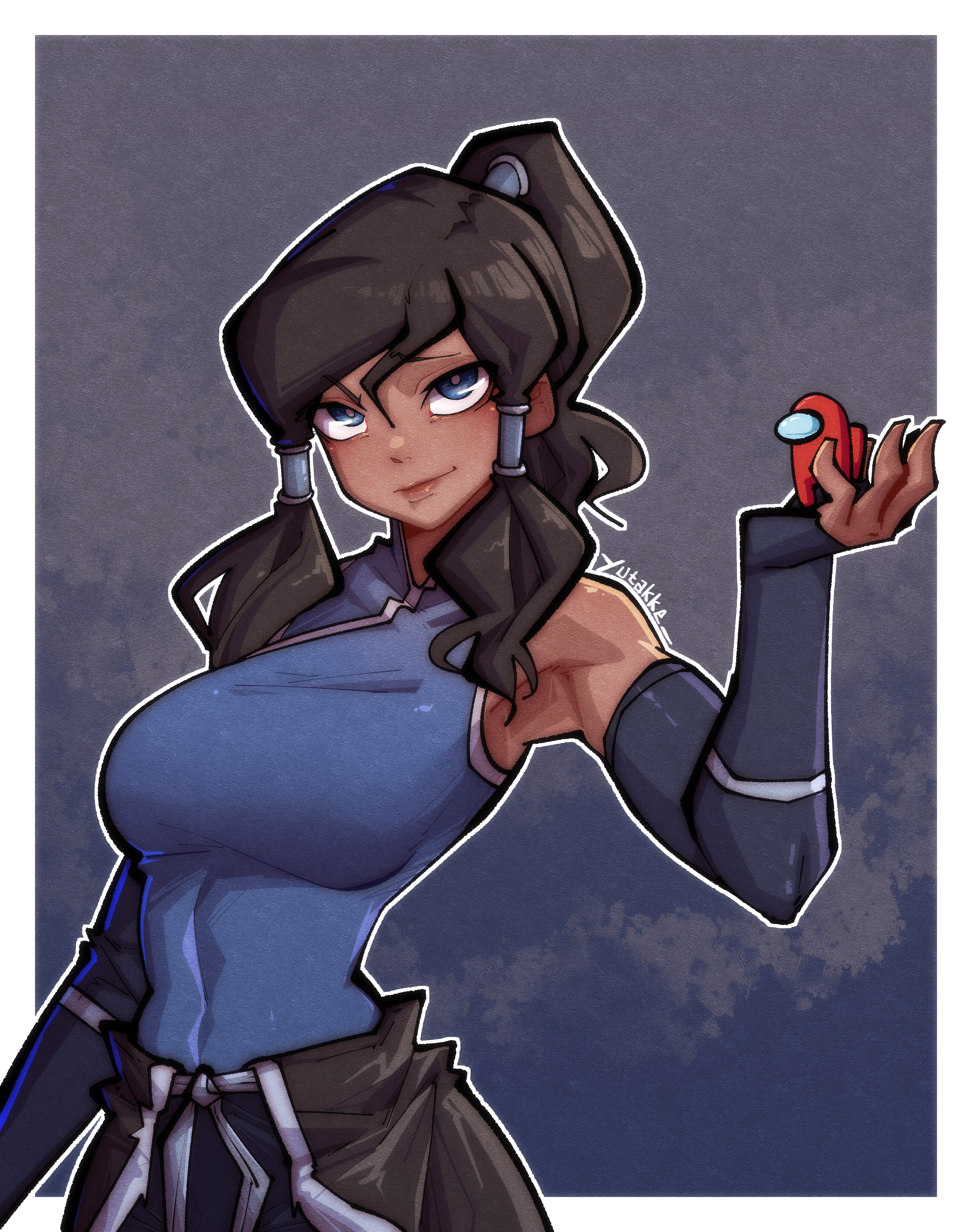 1girls, abs, among us, among us reference, arm sleeves, armpit, avatar legends, big breasts, blue eyes, breasts, brown hair, busty, confident, crewmate (among us), dark skin, dark-skinned female, female, female only, fully clothed, hair tubes, high ponytail, innersloth, korra, looking at viewer, pants, red (among us), seductive, seductive smile, skirt, smile, solo, solo female, solo focus, standing, tank top, the avatar, the legend of korra, thin waist, tomboy, toned, toned female, tri tails, upper body, water tribe, yutakke