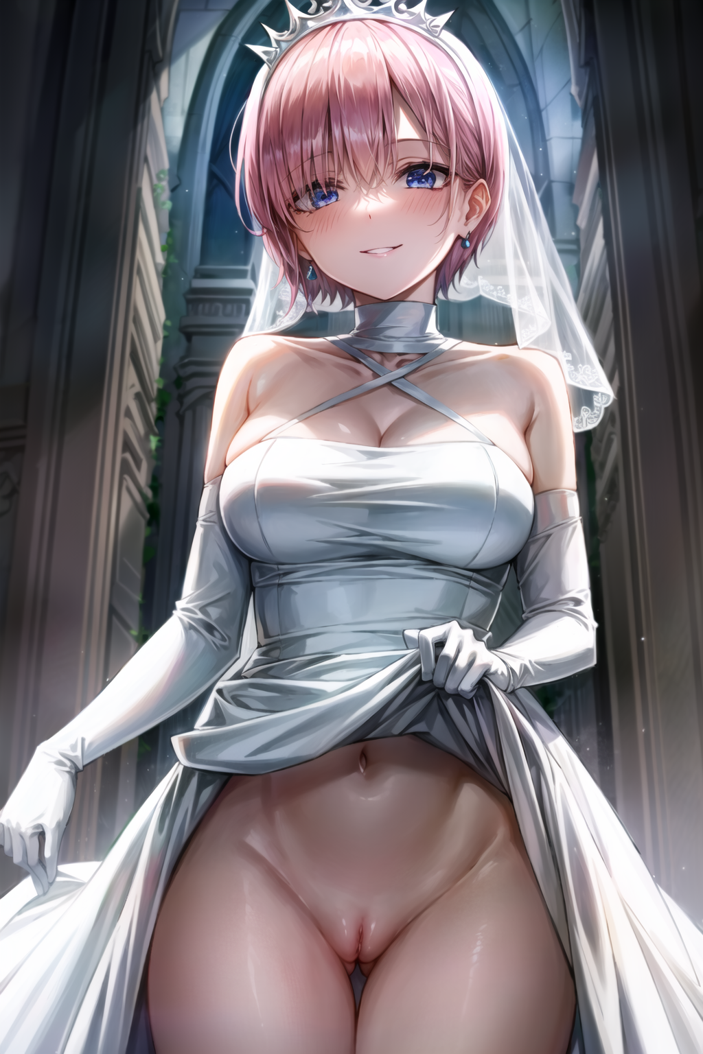 ai generated, bangs, bare shoulders, blue eyes, blush, breasts, bridal veil, cleavage, clothes lift, cowboy shot, dress, dress lift, earrings, edosynf, elbow gloves, female, gloves, go-toubun no hanayome, halterneck, highres, jewelry, large breasts, lifted by self, looking at viewer, nakano ichika, navel, no panties, pink hair, pussy, short hair, smile, solo, tiara, veil, wedding dress, white dress, white gloves