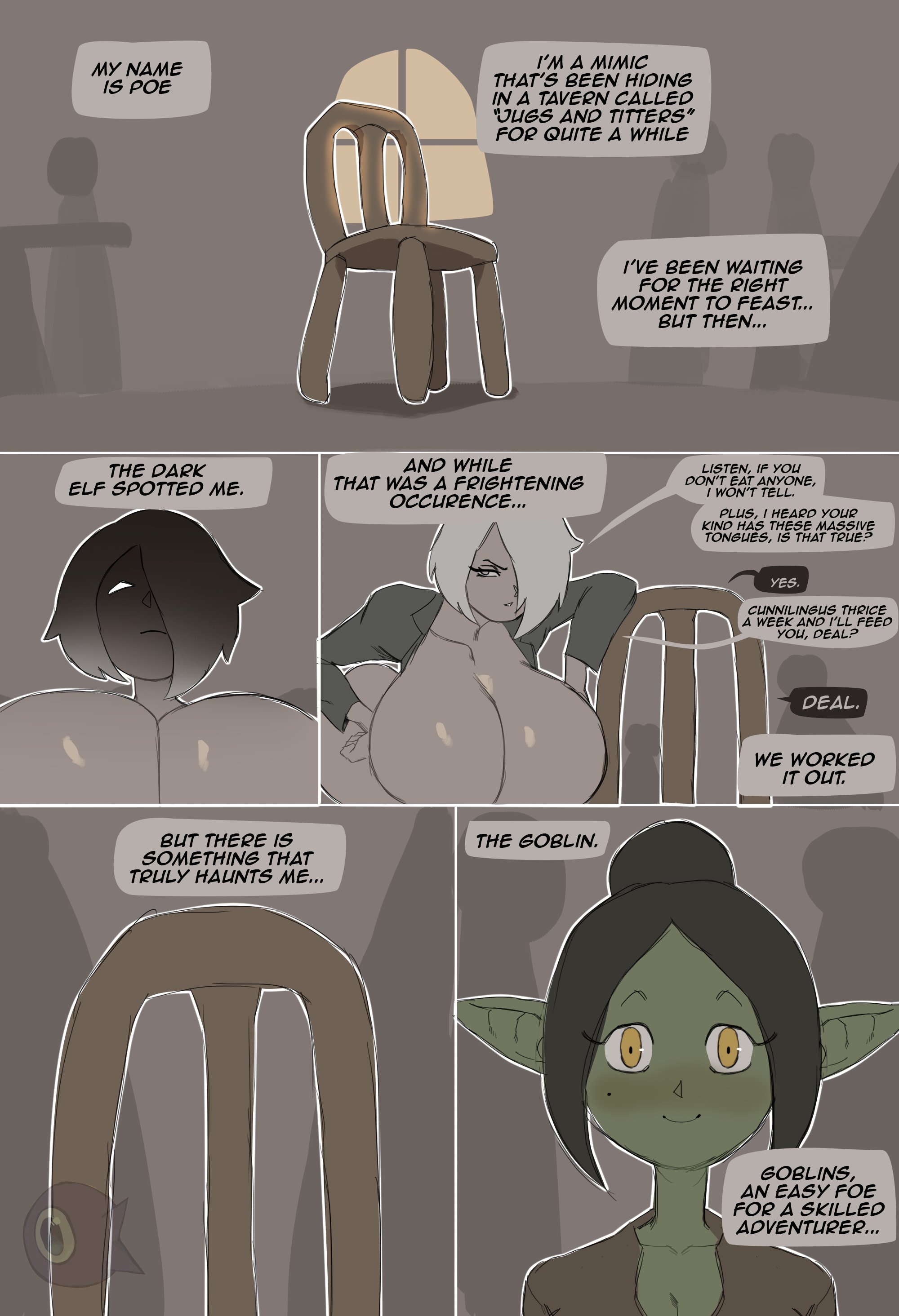 2girls, big breasts, breasts, chair, comic, dark elf, dialogue, edda (undergroundj), elf, elf ears, elf female, elf girl, female, goblin, goblin female, huge breasts, jugsandtitters, meg (undergroundj), mimic, multiple females, multiple girls, short hair, shortstack, tavern, tight clothing, undergroundj, white hair