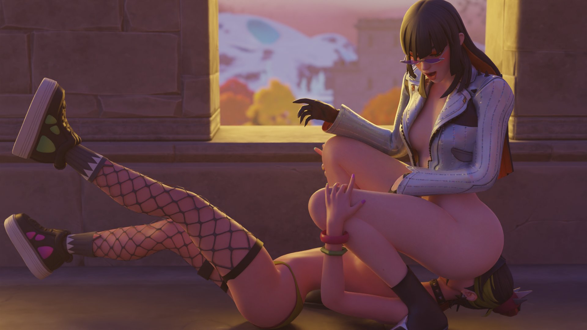 2girls, 3d, ass, ass on face, black hair, choker, countess daraku (fortnite), epic games, facesitting, female, fishnets, fortnite, fortnite: battle royale, gloves, helsie (fortnite), jacket, looking over eyewear, looking over glasses, looking over sunglasses, multicolored hair, purple-tinted eyewear, shadow1 c, sunglasses, tagme, thighhighs, tinted eyewear, yuri