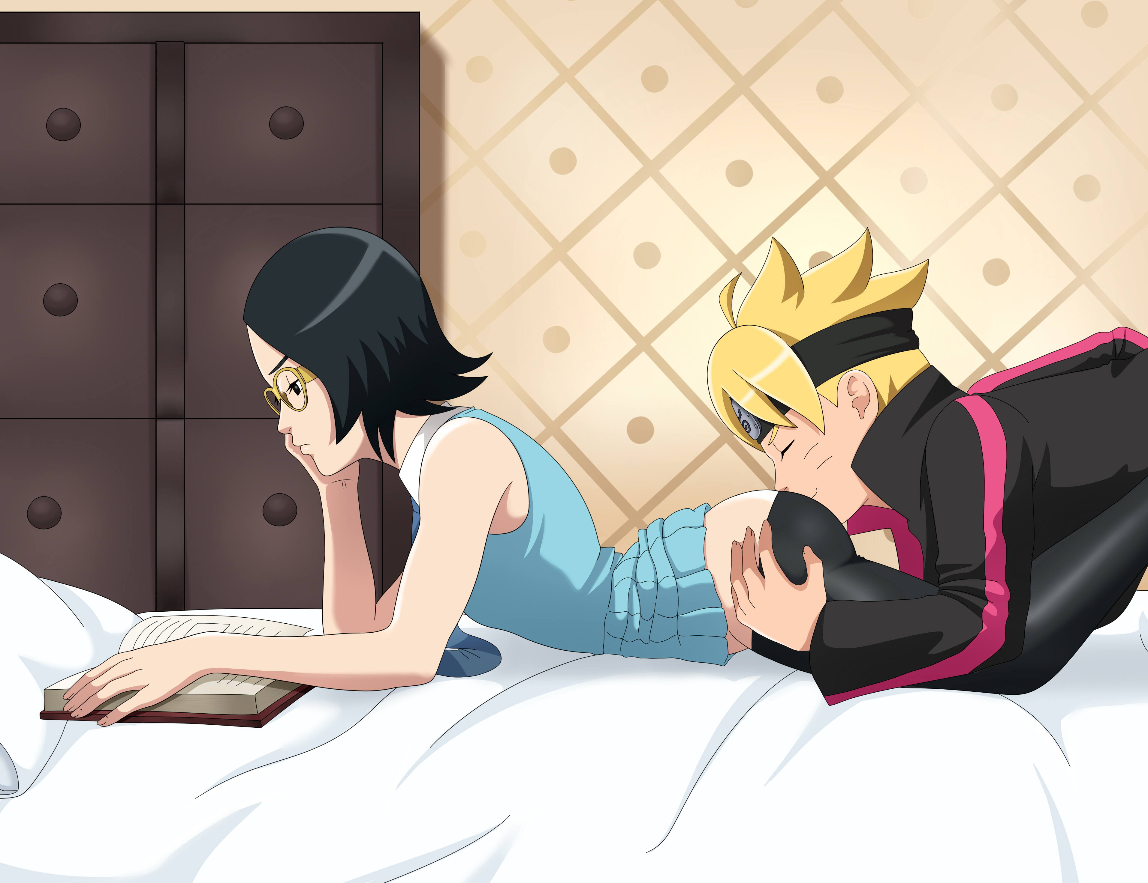 1boy, 1girls, absurdres, ass, ass grab, ass worship, bare shoulders, bed, bed sheet, black hair, blonde hair, blue eyes, bored, boruto: naruto next generations, closed eyes, closed mouth, expressionless, eyebrows, face in ass, female, fetish, forehead protector, from side, glasses, gluteal fold, highres, indoors, lying, male, master chimichurri, masturbation, multitasking, naruto, naruto (series), necktie, no shoes, nose, on bed, on stomach, penis, pillow, reading, sarada uchiha, short hair, smelling, smile, straight, uchiha sarada, unamused, uninterested, uzumaki boruto, worship