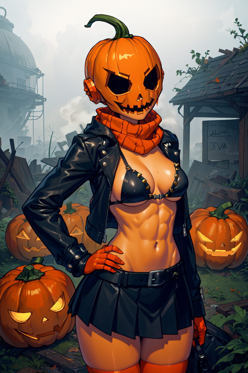 abs ai_generated bra jack_o'_lantern jacket midriff pumpkin pumpkin_girl pumpkin_head skirt