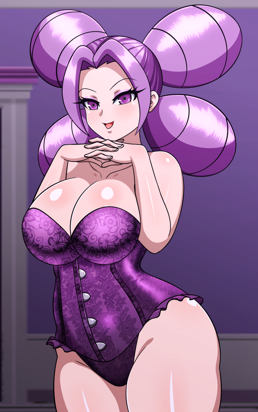 big_breasts corset fantina_(pokemon) female female_only gym_leader light-skinned_female light_skin lingerie pokémon pokemon purple_eyes purple_hair solo solo_female teddy_(clothing) wide_hips yensh