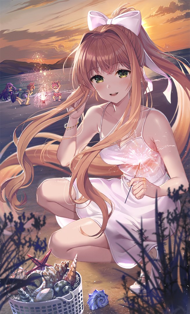 4girls beach colorful cute doki_doki_literature_club female female_focus female_only fireworks happy long_hair looking_at_viewer monika_(doki_doki_literature_club) multiple_girls natsuki_(doki_doki_literature_club) no_sex not_porn official_art ponytail safe safe_for_work satchely sayori_(doki_doki_literature_club) sea seashell sfw skirt small_breasts smile very_long_hair white_bow wholesome yuri_(doki_doki_literature_club)