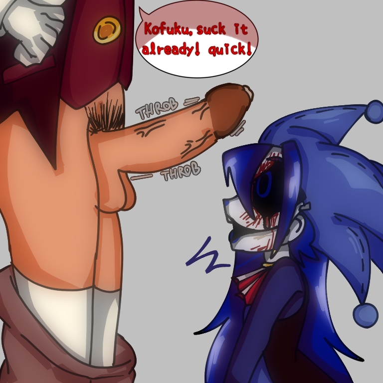 2boys 2d :o artist_request bad_grammar before_sex big_cock big_penis blood_on_face blue_eyes blue_hair blue_outfit blue_tongue brown_jacket clown clown_costume clown_makeup cute_male femboy gekido_(sonic.exe) gentleman humanized kofuku_(sonic.exe) long_socks looking_at_penis precum purple_sleeves red_bow red_suit shocked_expression sonic.exe_(series) sonic_(series) text throbbing_penis uncensored white_skin white_socks