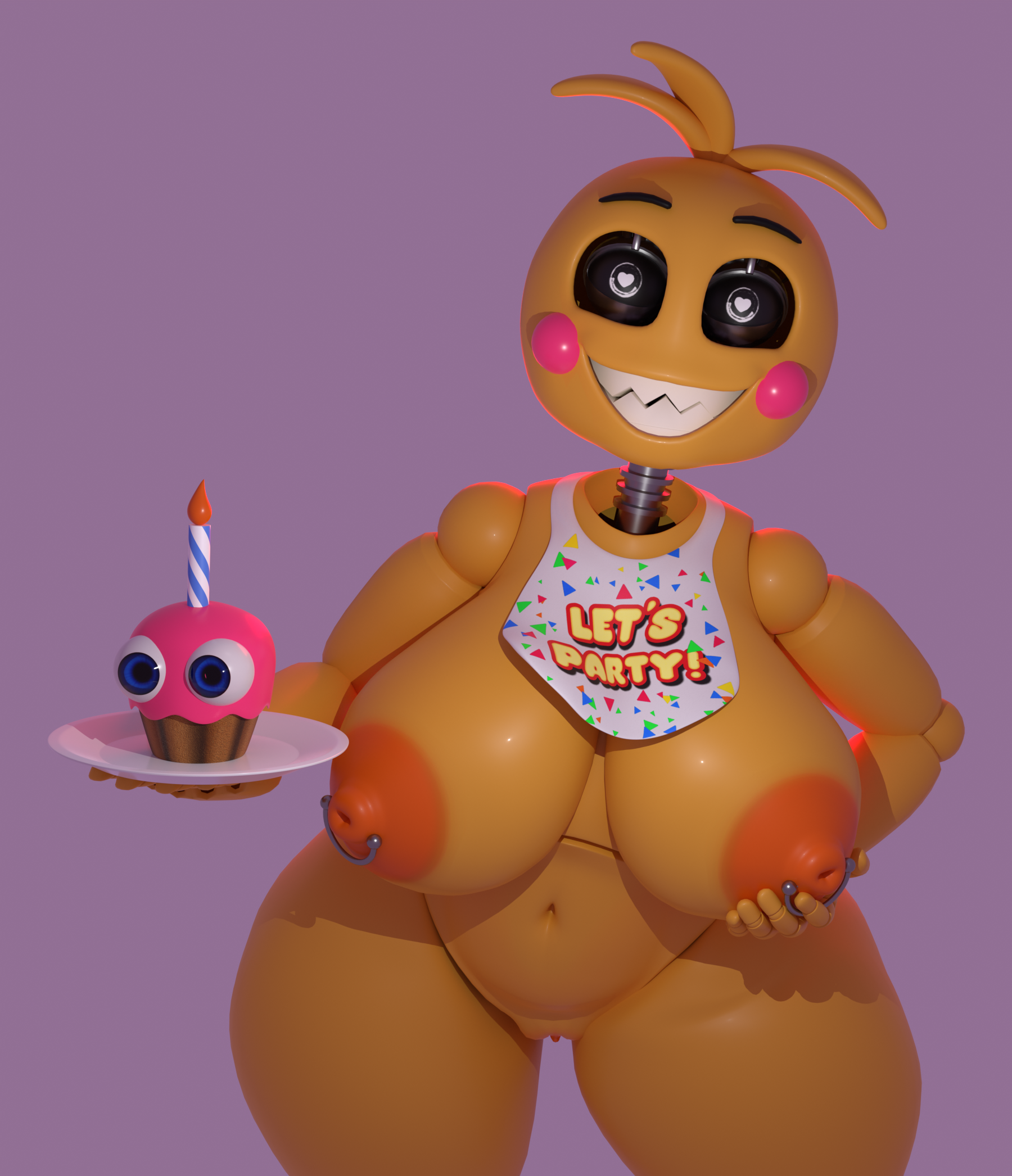 1girls, 3d, animatronic, bib, big breasts, breasts, busty, female, five nights at freddy's, five nights at freddy's 2, looking at viewer, mrveryoliveoil, nipple piercing, nipples, piercing, solo, tagme, thick thighs, toy chica (fnaf), toy chica (love taste)