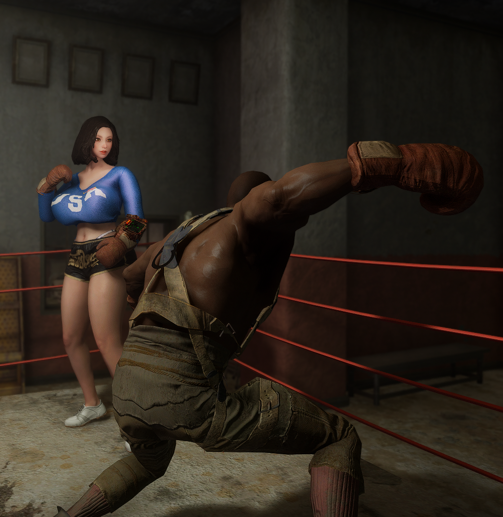 3d bethesda_softworks boxing_gloves boxing_ring emotrashcan fallout fight imminent_rape mixed_fight screenshot vault_dweller workout_clothes