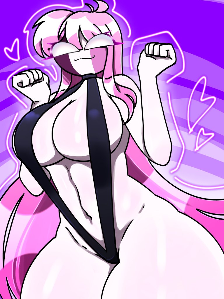 :3 big_breasts breasts friday_night_funkin friday_night_funkin_mod heart multicolored_face navel pink_hair sarvente_(dokki.doodlez) senjounogomii sling_bikini tagme thick_thighs white_body