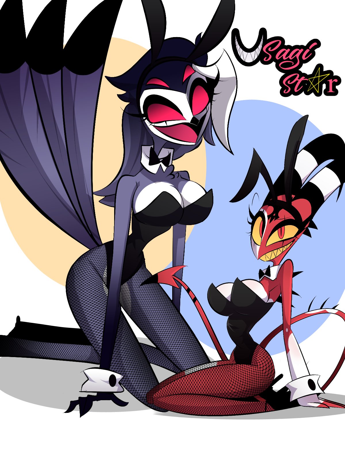 2girls, beak, big breasts, bird, blitzo (helluva boss), bowtie, breasts, bunny ears, bunny girl, bunnysuit, cleavage, demon, easter, feathers, female, female blitzo, female only, female stolas, fishnets, grey body, grey hair, helluva boss, high heels, horn, horns, kneeling, looking at viewer, red body, red eyes, rule 63, sharp teeth, smile, stolas (helluva boss), tagme, tail, taller female, usagi star, white hair, wide hips, yellow eyes