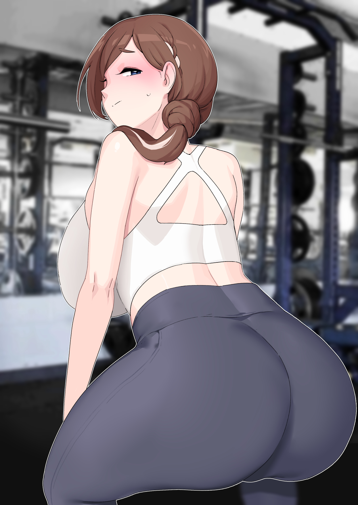 1girls, 2d, ass, big ass, big breasts, breasts, female, gym, gym clothes, looking at viewer, looking back, moebell, thick thighs