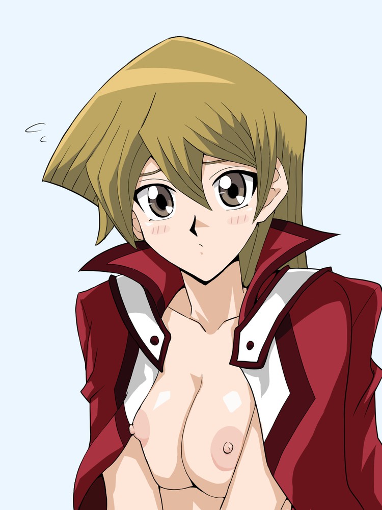 alexis_rhodes blonde_hair breasts_squeezed_together brown_eyes duel_academy_uniform_(yu-gi-oh!_gx) female female_only large_breasts nipples open_clothes open_jacket slifer_red_uniform tenjouin_asuka yu-gi-oh! yu-gi-oh!_gx