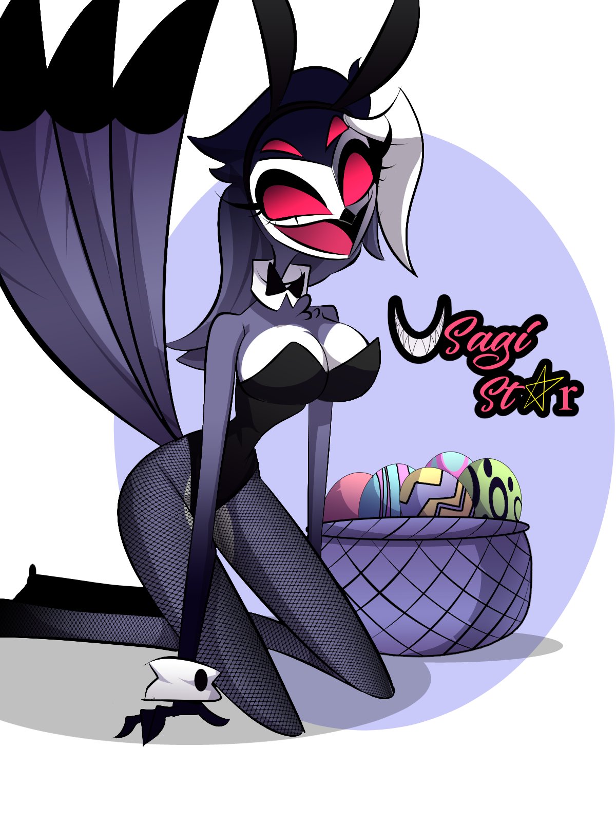 beak, big breasts, bird, bowtie, breasts, bunny ears, bunnysuit, cleavage, easter, easter egg, feathers, female, female only, female stolas, fishnets, grey body, grey hair, helluva boss, kneeling, red eyes, rule 63, smile, stolas (helluva boss), tagme, tail, usagi star, white hair, wide hips