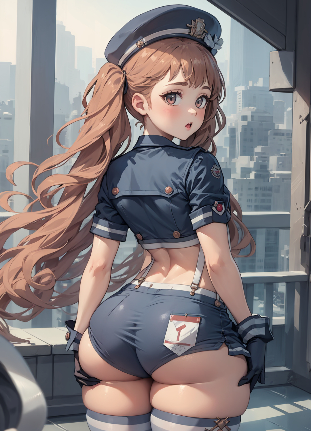ai generated, ass, ass focus, ass grab, blush, breasts, brown eyes, brown hair, curvy, female, from behind, gloves, goddess of victory: nikke, hat, huge ass, long hair, miranda (nikke), open mouth, police, police uniform, policewoman, shiny, shiny hair, shiny skin, short shorts, shorts, solo, suspenders, thick thighs, thighhighs, twintails, very long hair