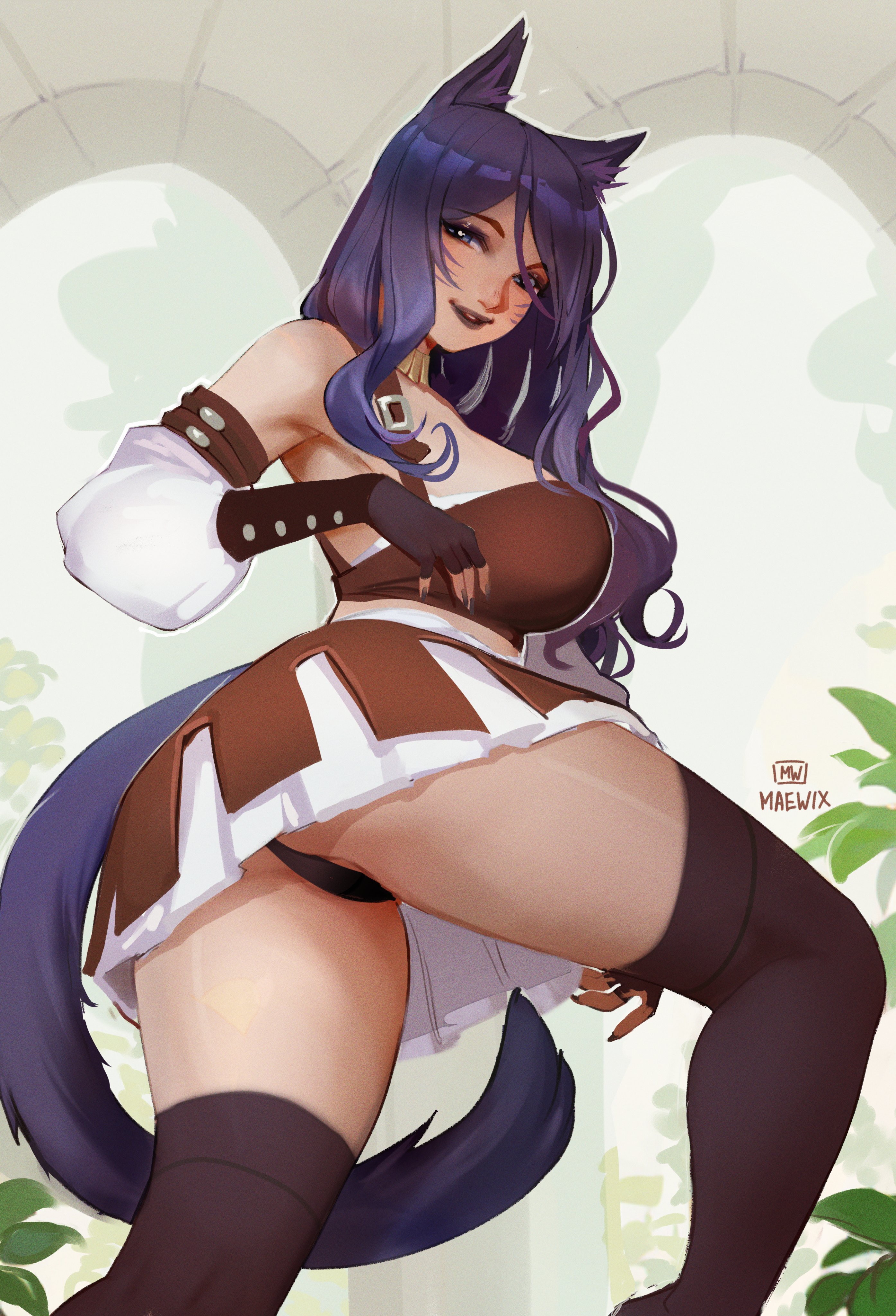 1girls, absurd res, absurdres, animal ear fluff, animal ears, artist name, ass, bare shoulders, black lips, black panties, black thighhighs, blue eyes, blue hair, breasts, brown gloves, brown shirt, cat ears, cat girl, cat tail, catgirl, closed mouth, clothing, commentary, crop top, detached sleeves, elbow gloves, facial mark, female, female only, fingerless gloves, fingernails, from side, gloves, grey eyes, grey gloves, grey thighhighs, highres, indoors, jewelry, long hair, looking at viewer, maewix1, medium breasts, nail polish, narrowed eyes, necklace, original, panties, pantyshot, purple hair, sharp fingernails, shirt, sidelocks, sleeveless, sleeveless shirt, smile, smiling, smiling at viewer, solo, standing, tail, thighhighs, underwear, upskirt, whisker markings, white sleeves