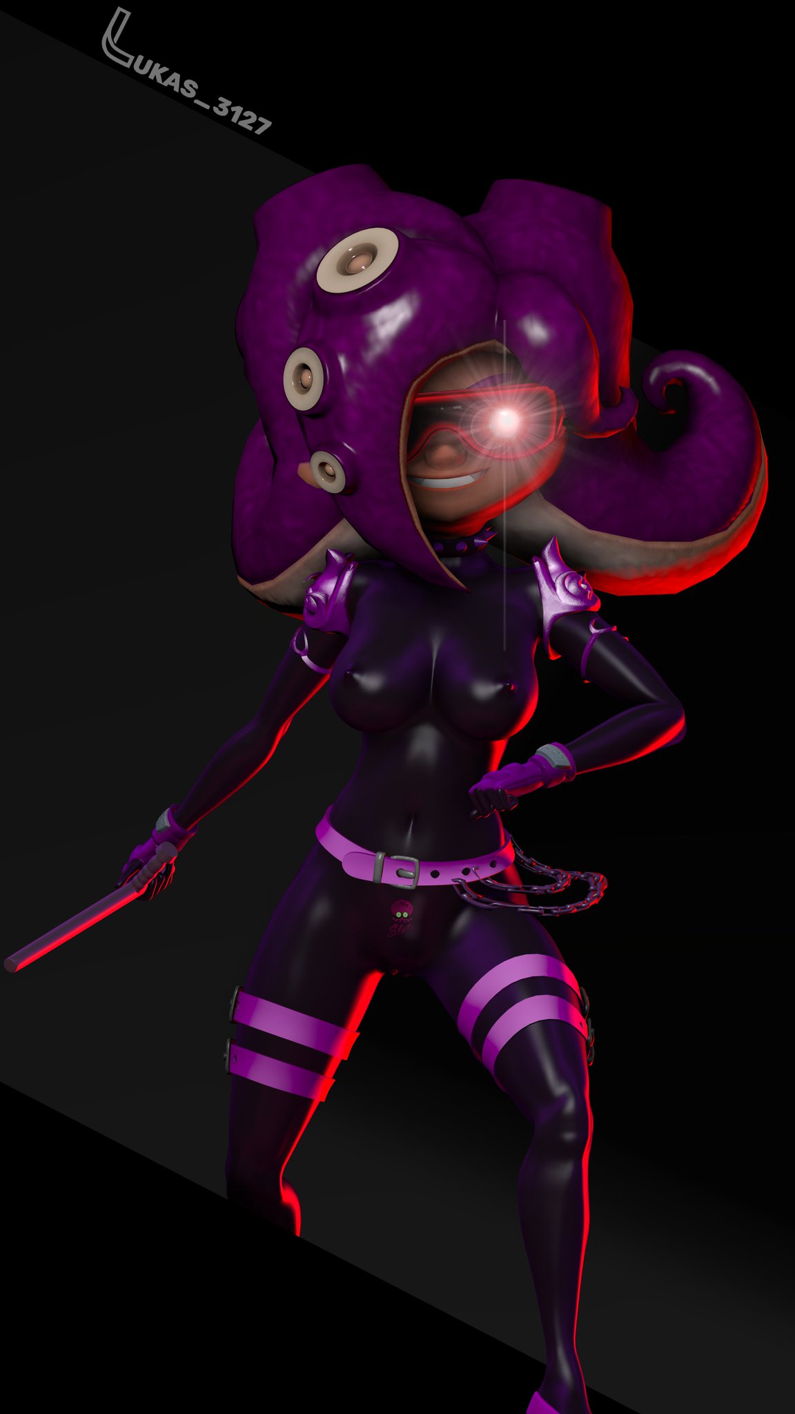 3d 3d_(artwork) baton belt latex_suit lukas_3127 octoling octoling_girl self_upload splatoon violet_hair