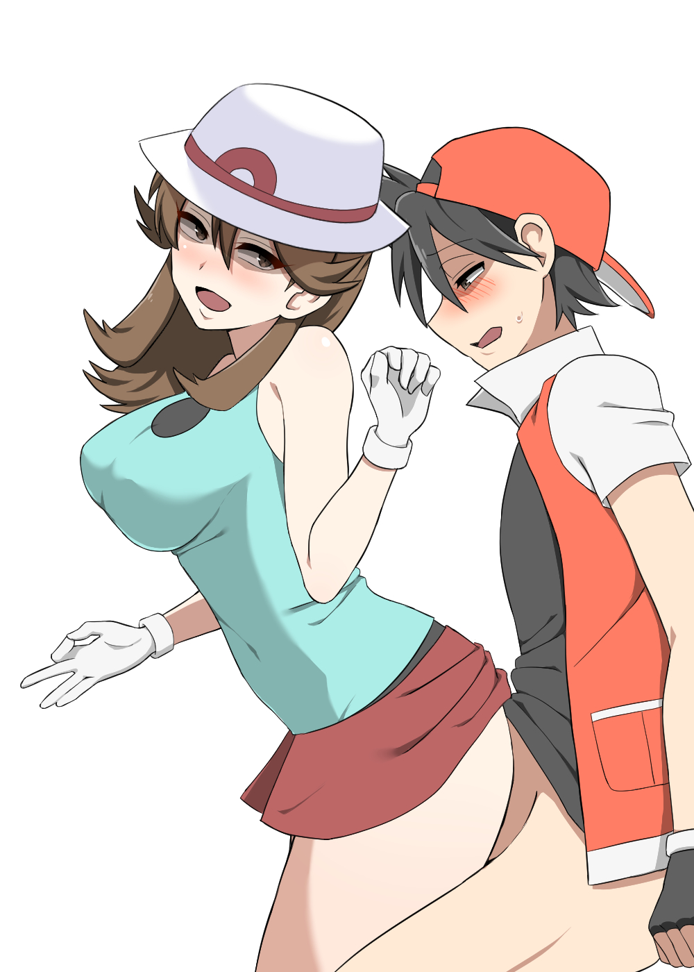 1boy 1girls against_wall big_breasts black_hair blush blushing bottomless bottomless_male breasts brick_wall brown_eyes brown_hair doggy_style erotawasroom eyebrows_visible_through_hair female game_freak gloves green_(pokemon) hair_between_eyes hat legs male male/female nintendo open_mouth pokemon pokemon_adventures red_(pokemon) sex thick_legs thick_thighs thighs white_gloves