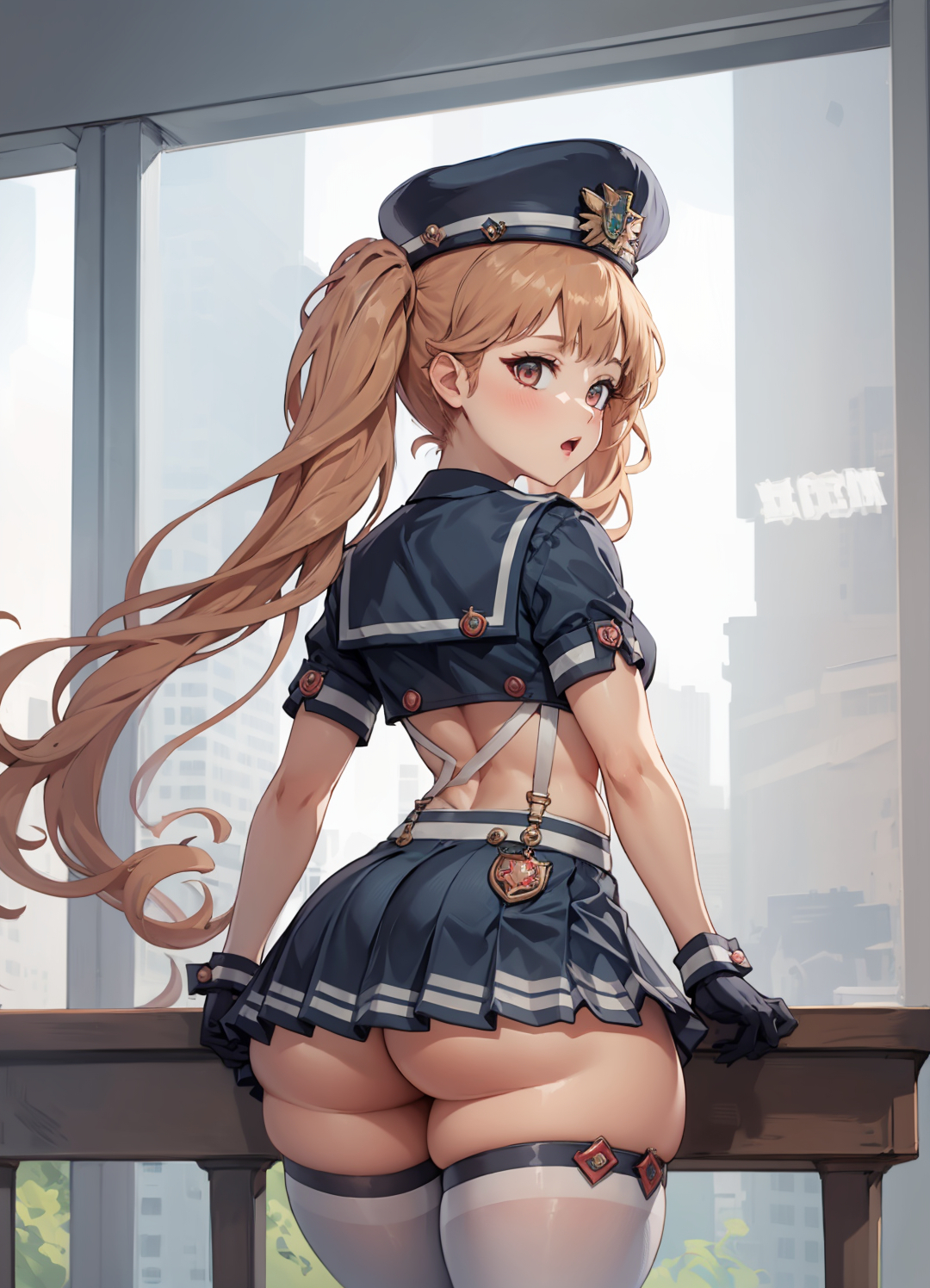 ai generated, ass, ass focus, blush, breasts, brown eyes, brown hair, curvy, female, from behind, gloves, gluteal fold, goddess of victory: nikke, hat, huge ass, long hair, miniskirt, miranda (nikke), police, police uniform, policewoman, shiny, shiny hair, shiny skin, skirt, solo, suspenders, thick thighs, thighhighs, twintails, very long hair