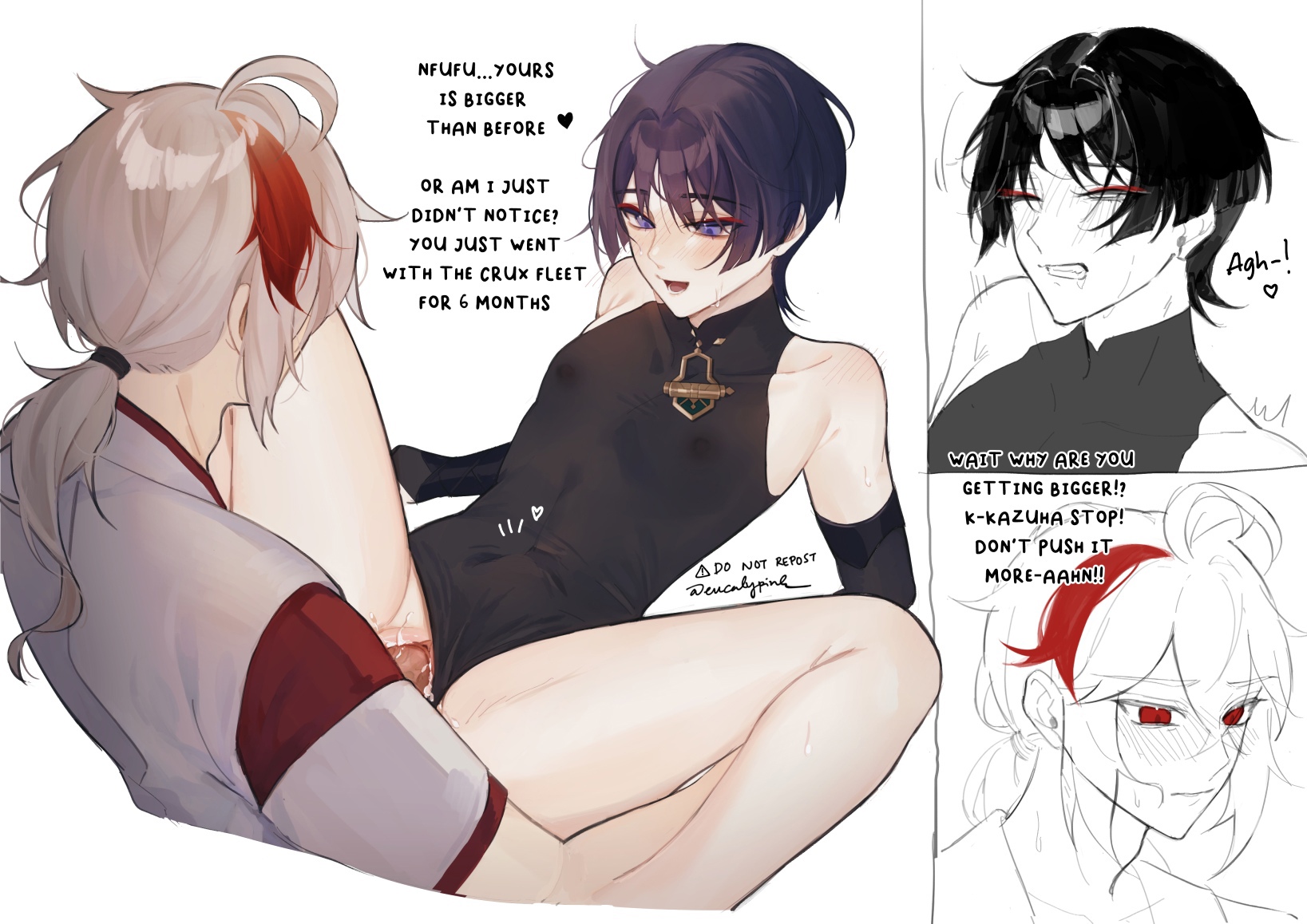1boy, 1cuntboy, black leotard, blush, clothing aside, covered nipples, cuntboy, duo, gay, genshin impact, half-closed eyes, half-dressed, intersex, kaedehara kazuha, kote, leotard, leotard aside, male, male only, pleasure face, pussy, scaramouche (genshin impact), spread legs, stomach bulge, sweat, uncensored, vaginal penetration, wet pussy, yaoi