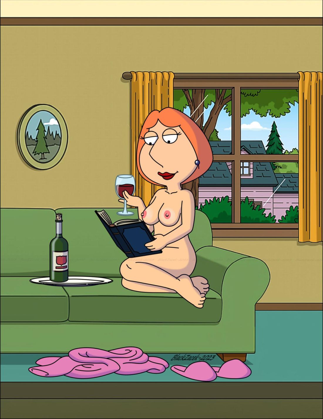 1milf accurate_art_style blackzacek clothes_on_floor completely_nude_female family_guy glass_of_wine living_room lois_griffin married_woman milf nude_female reading_book red_hair robe robe_removed solo_female