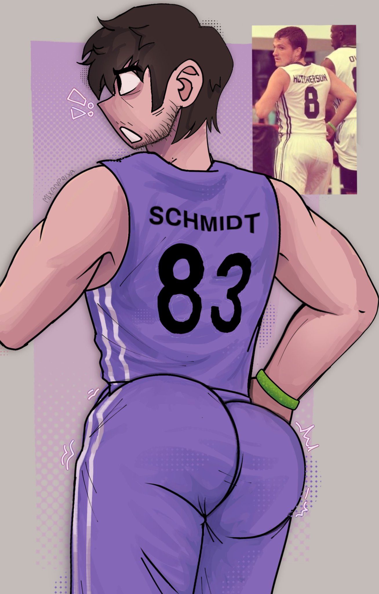 !! 1boy ass ass_focus basketball_uniform big_ass big_butt black_hair bubble_butt butt fat_ass fat_butt five_nights_at_freddy's five_nights_at_freddy's_(film) fully_clothed gay huge_ass huge_butt jersey josh_hutcherson male male_only mike_schmidt mixanprixa sfw solo text thick_ass thick_butt