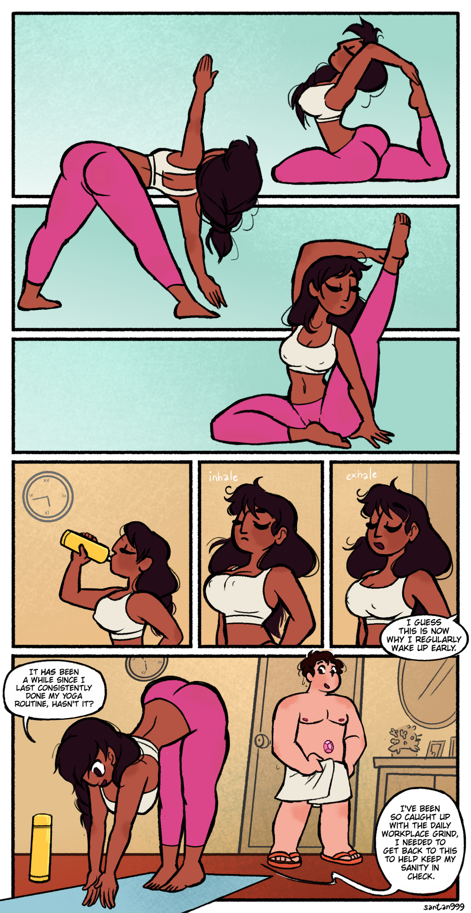 canon couple, chubby, chubby male, comic, connie maheswaran, dark skin, dark-skinned female, fat male, female, indian female, interracial, light skin, light-skinned male, male, nipple bulge, santan999, steven quartz universe, steven universe, straight, towel around waist, towel only, yoga, yoga pose