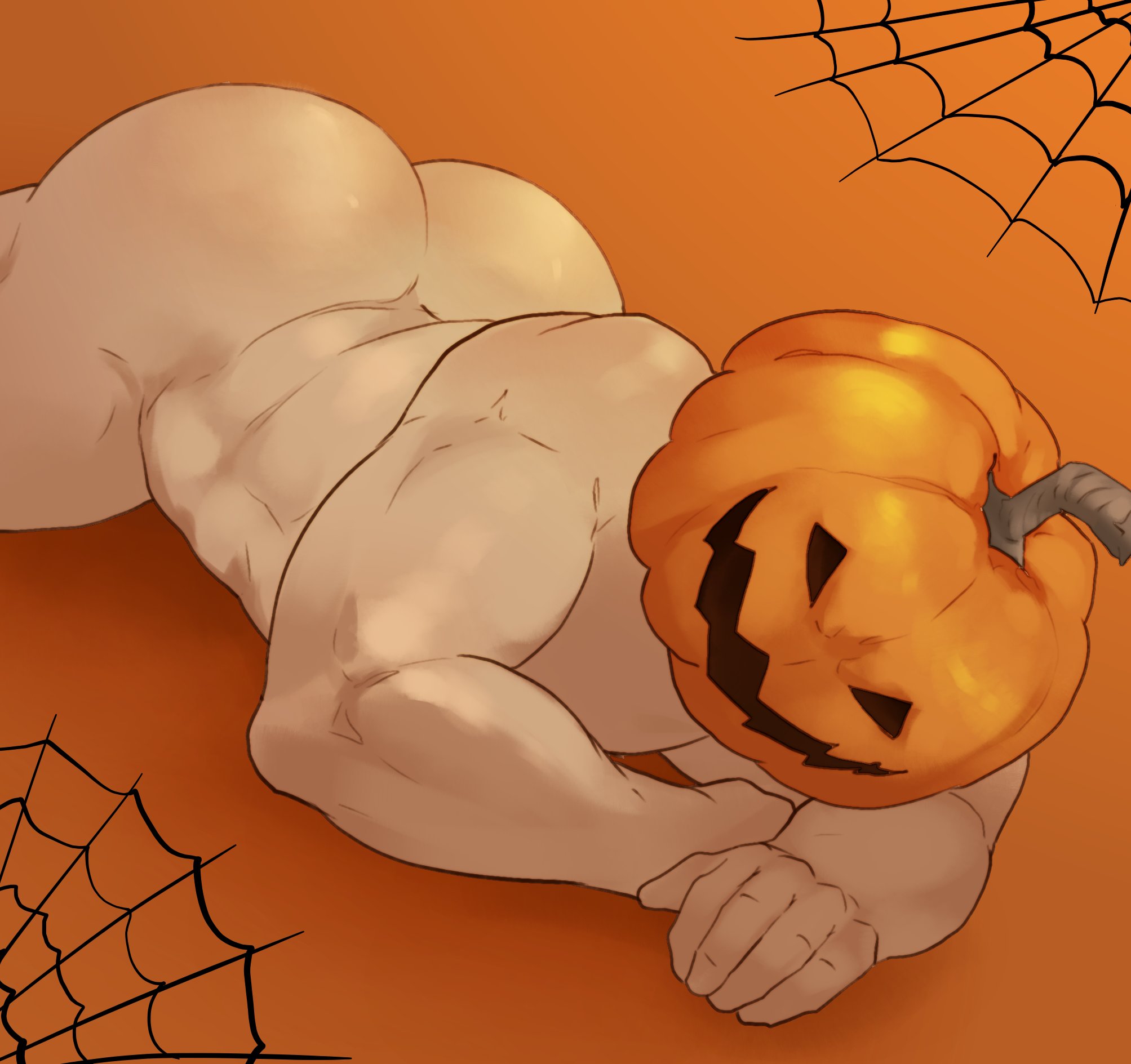 1boy, abs, ass, ass focus, back, back muscles, bara, big ass, big muscles, big pecs, daddy, dilf, gay, halloween, humanoid, light skin, light-skinned male, lying, male, male only, muscles, muscular, muscular humanoid, muscular male, nude, object head, pecs, pumpkin, pumpkin head, rickpenman, solo, yaoi