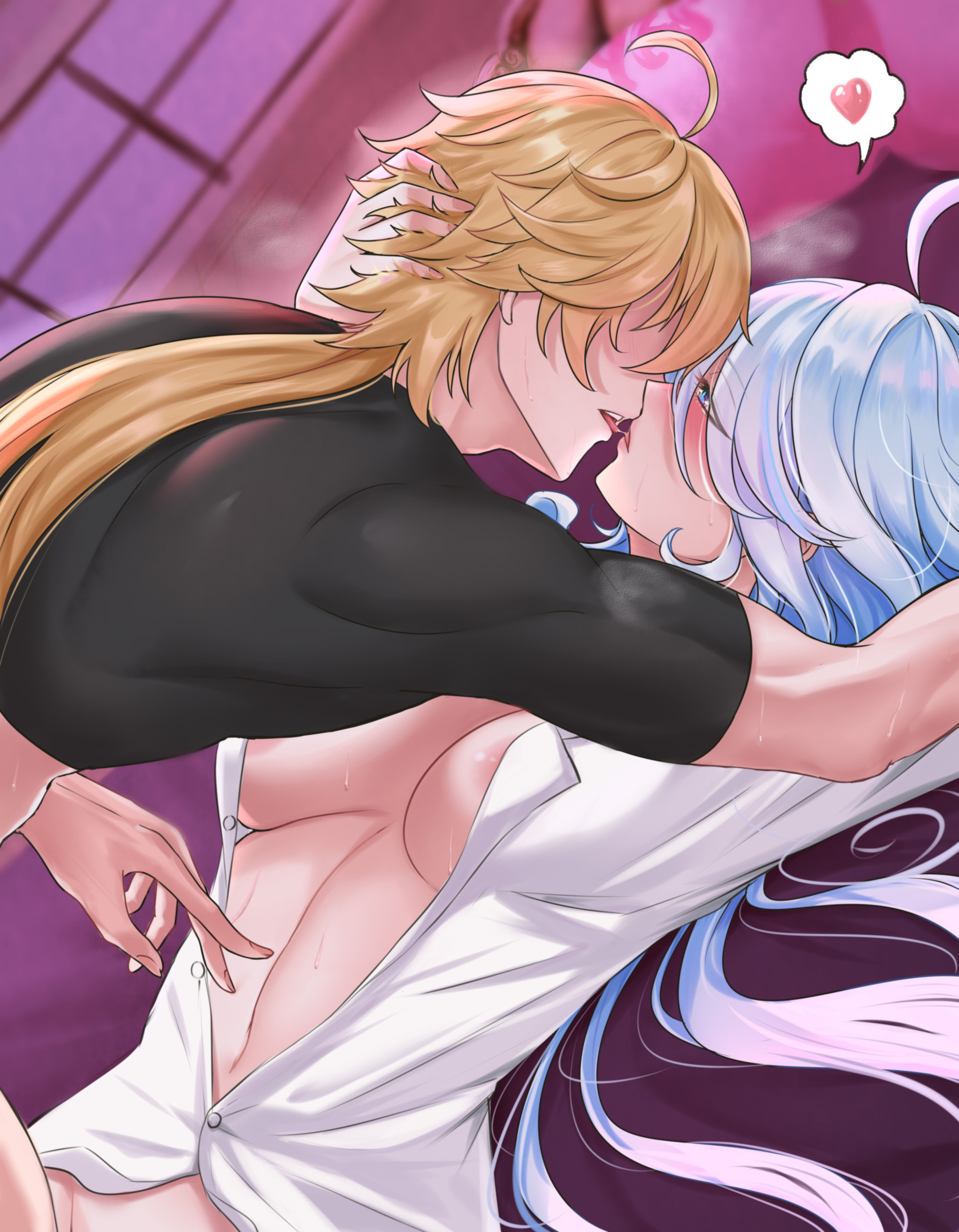 1boy, 1girls, aether (genshin impact), color, female, furina (genshin impact), genshin impact, kissing, male, tagme