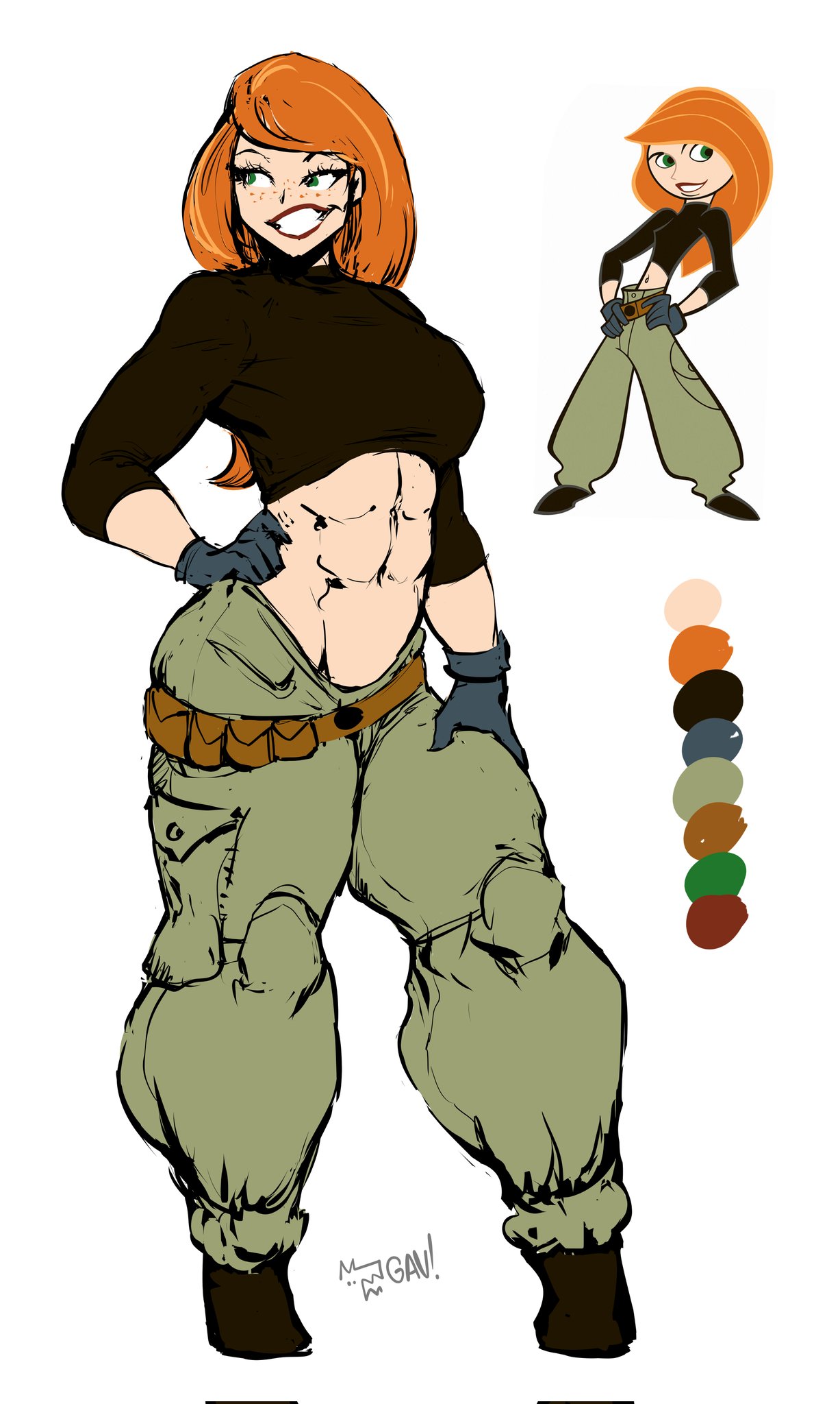 1girls, abs, aleksandrgav, baggy pants, belly, belly button, cargo pants, clothed, disney, disney channel, disney xd, female, female only, fit, fit female, freckles, ginger, ginger hair, gloves, green eyes, hips, kim possible, kimberly ann possible, light skin, light-skinned female, mostly clothed, orange hair, pants, red hair, tagme, thick, thick thighs, thighs, toned, toned female, tummy, white background