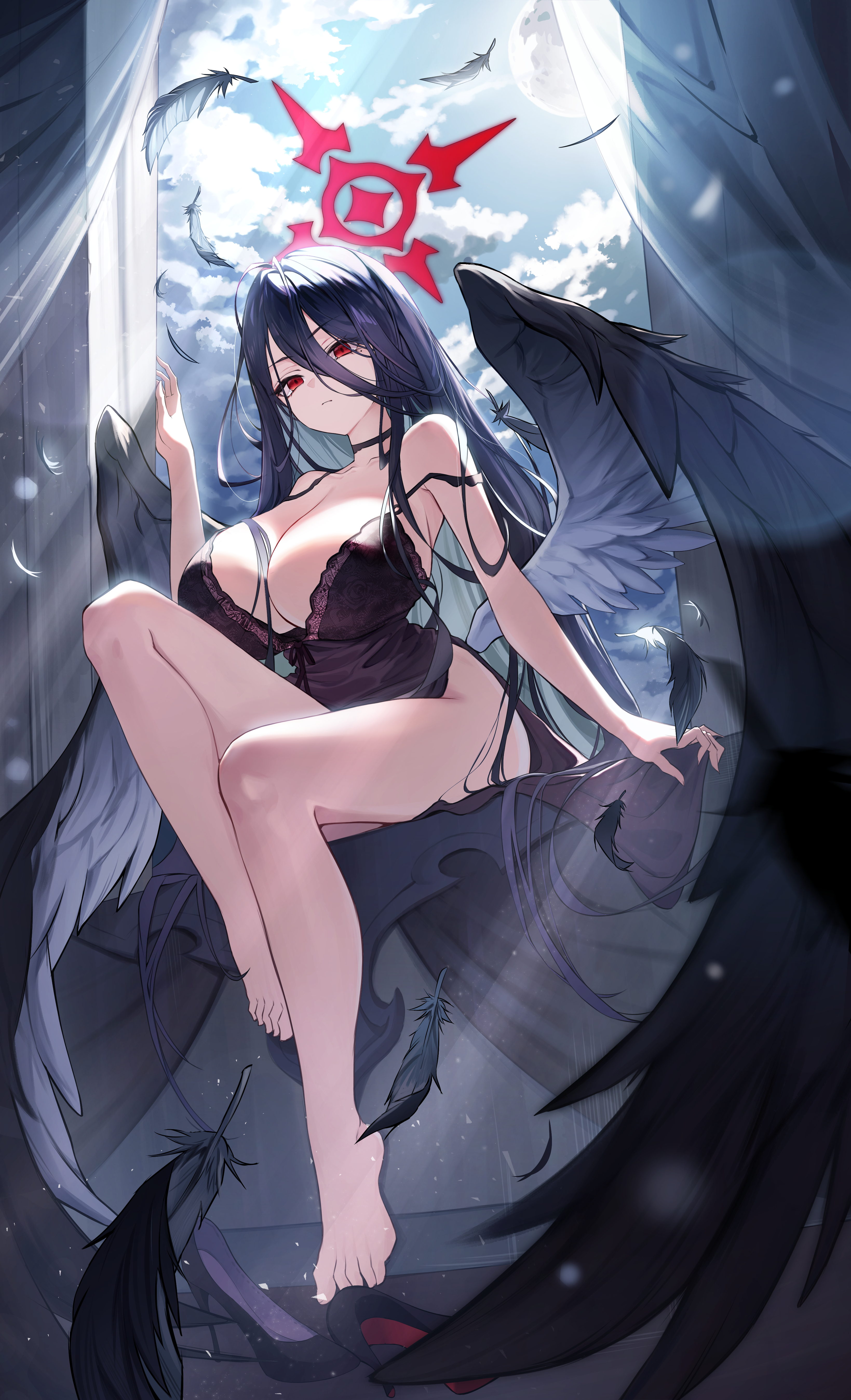 absurdres, barefoot, black camisole, black choker, black hair, black wings, blue archive, breasts, camisole, choker, cleavage, closed mouth, collarbone, feathered wings, feathers, feet, female, halo, hasumi (blue archive), highres, huge breasts, justice task force (blue archive), knee up, legs, long hair, okkimon, red eyes, red halo, shoes removed, sitting, solo, toes, trinity general school student, very long hair, wings