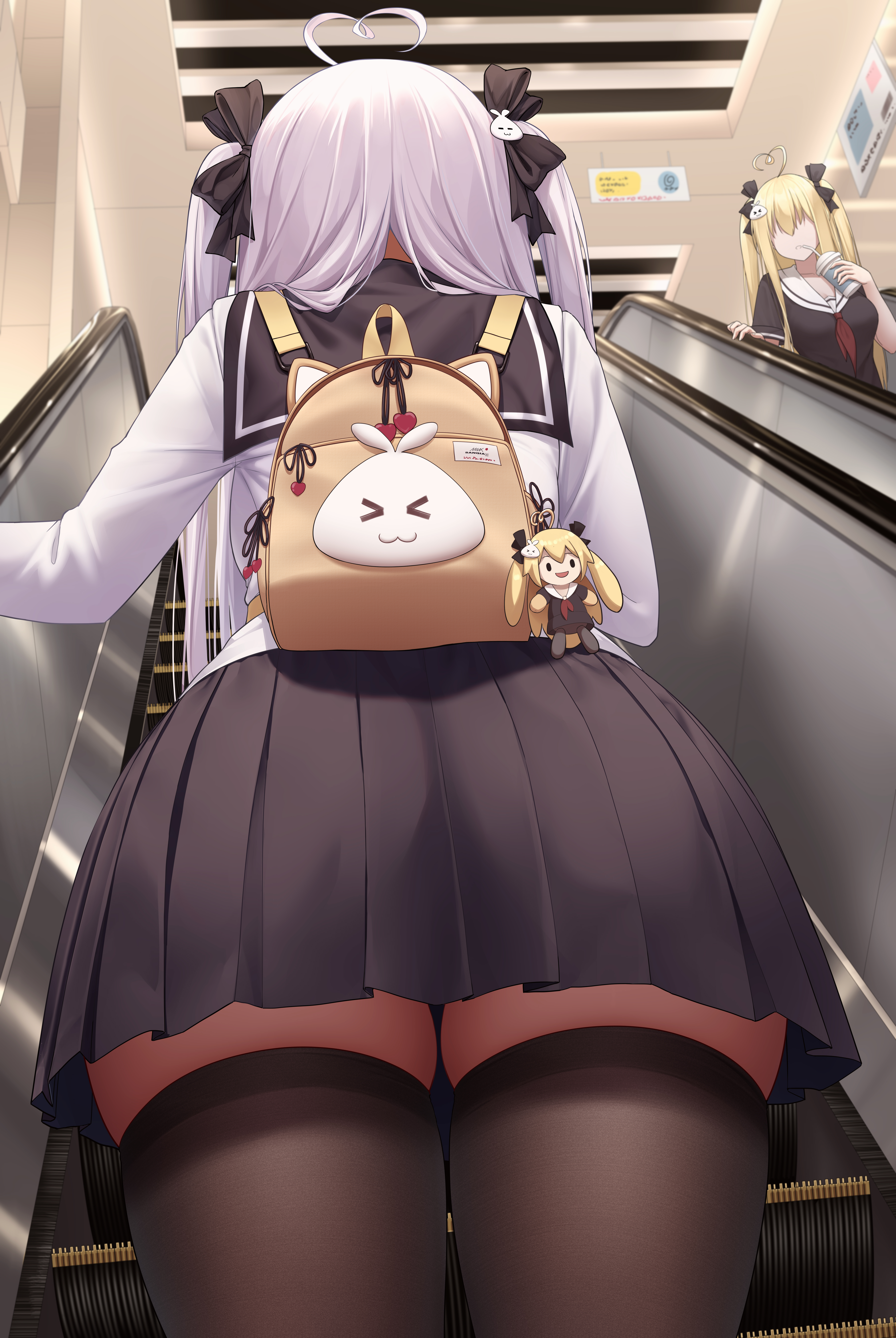 2girls, ahoge, back view, bag, escalator, female, female only, hair ribbon, hi res, highres, indoors, long hair, long sleeves, niliu chahui, original, ribbon, school uniform, shirt, skirt, stairs, standing, thick, thick thighs, thighhighs, tokisaki asaba, tokisaki mio, twintails, voluptuous, white hair, white shirt, wide hips, zettai ryouiki