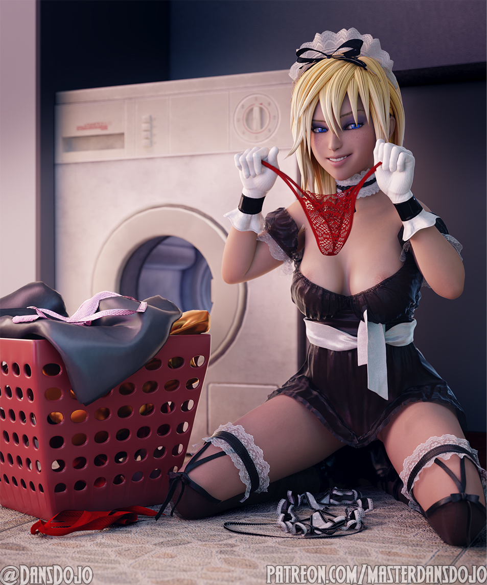 3d_model blonde_hair blue_eyes gloves kingdom_hearts kingdom_hearts_ii kneeling laundry_room lingerie maid maid_outfit masterdansdojo namine panties smile teeth