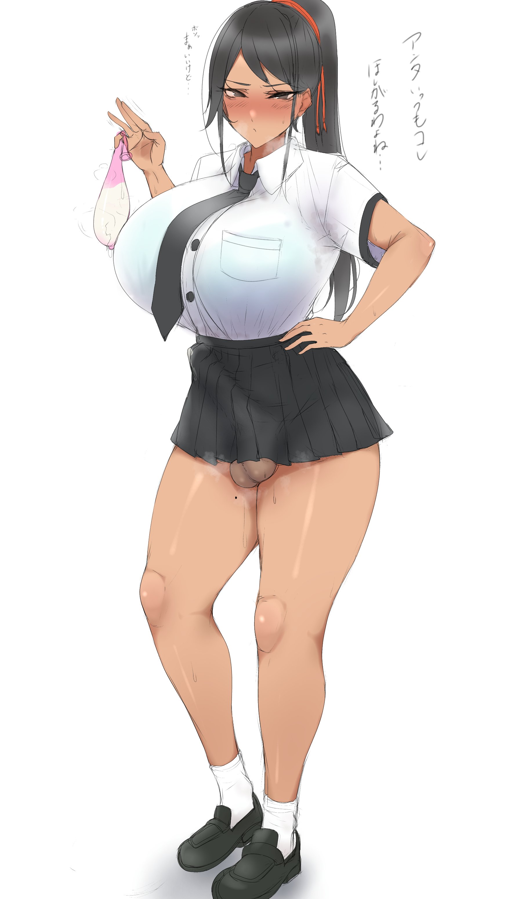 1futa, aizawa marimo, armpit sweat, balls, balls peek, big breasts, big penis, black hair, blush, blushing, bra visible through clothes, breast pocket, breasts, busty, clothed, clothing, condom, curves, curvy, curvy figure, erect penis, erection, erection under clothes, filled condom, futa only, futanari, huge breasts, human, intersex, large breasts, light skin, light-skinned futa, long hair, miniskirt, mostly clothed, penis, penis bulge, penis under clothes, school uniform, schoolgirl, schoolgirl uniform, see-through, see-through clothing, see-through top, solo, standing, sweat stain, sweating, sweaty, thick, thick thighs, thighs, white background