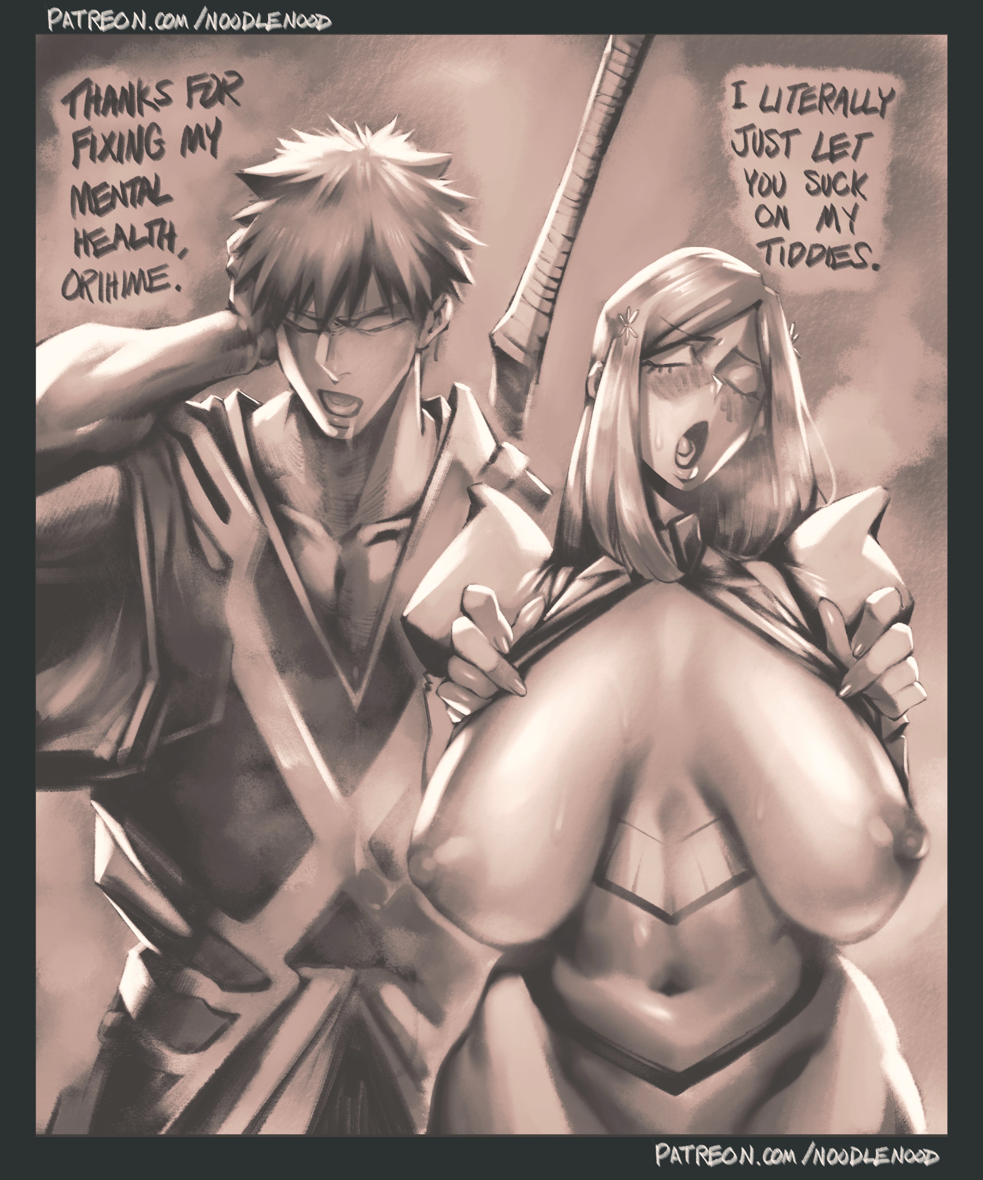 1boy, 1girls, aroodnoodle, big breasts, bleach, bleach: the thousand-year blood war, breasts, female, female focus, greyscale, ichigo kurosaki, inoue orihime, male, massive breasts, monochrome, noodlenood, solo, solo focus