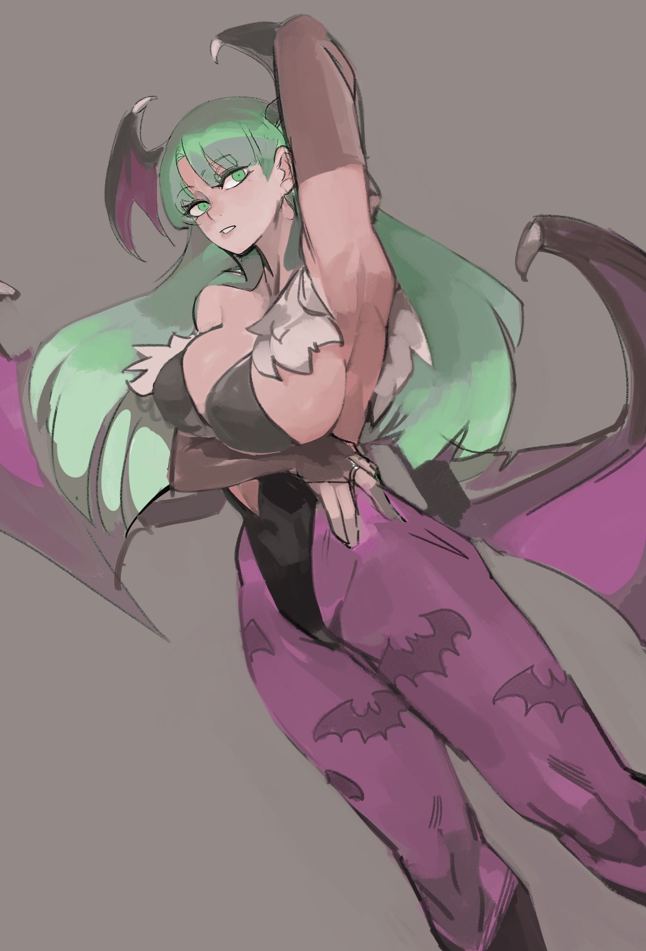 1girls 33dot arm_up armpit armpits big_breasts bored bored_expression breasts busty capcom clothing darkstalkers demon demon_girl drawn female female_only green_eyes green_hair large_breasts light-skinned_female light_skin morrigan_aensland revealing_clothes succubus wings wings_on_head