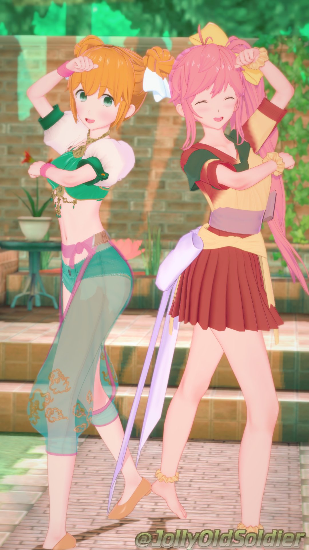 2girls 3d bangs bare_legs barefoot brown_hair chaps dancer dancing double_bun female female_only fire_emblem fire_emblem:_mystery_of_the_emblem fire_emblem:_shadow_dragon_and_the_blade_of_light fire_emblem:_the_binding_blade green_eyes jollyoldsoldier larum_(fire_emblem) legs long_hair looking_at_viewer medium_breasts multiple_girls nintendo open_mouth orange_hair outdoors phina_(fire_emblem) pink_hair ponytail pose see-through see-through_chaps shoes short_hair short_sleeves shorts side_ponytail smile very_long_hair