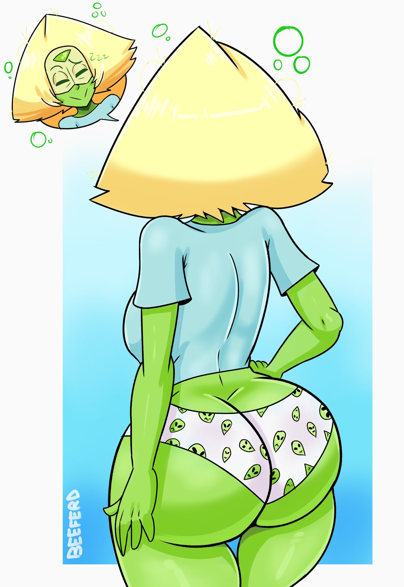 2023, 2d, ass, ass cleavage, ass focus, beeferd, big ass, big butt, bmayneart, cartoon network, closed eyes, closed mouth, clothing, female, female only, gem (species), green body, green skin, hand on hip, large ass, panties, peridot (steven universe), print panties, rear view, round ass, shirt, sleepy, smile, solo, solo female, standing, steven universe, thighs, tired, topwear, underwear, wide hips